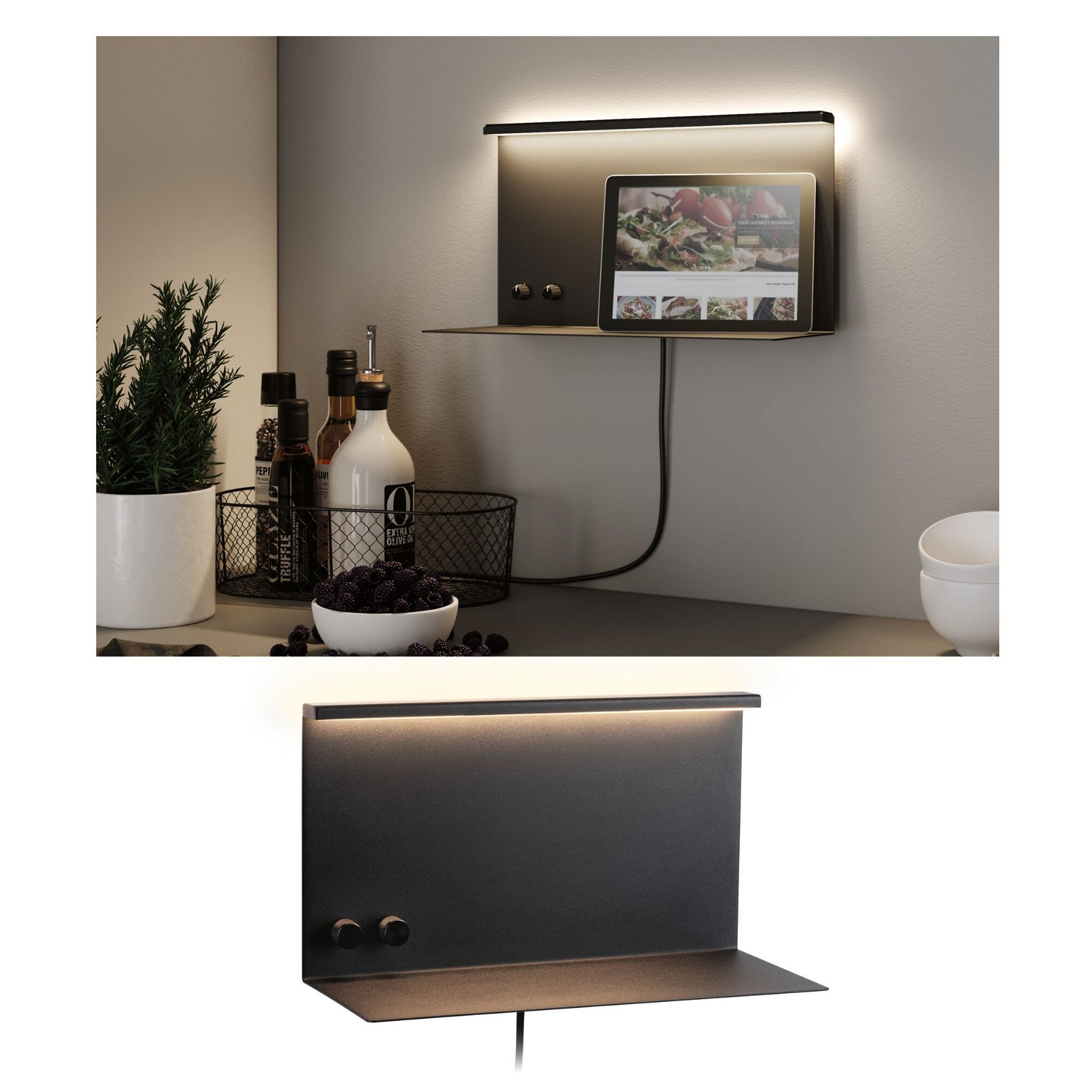 Czarny uchwyt ścienny na tablet z tabletem wyświetlającym przepis kulinarny i dolną półką.