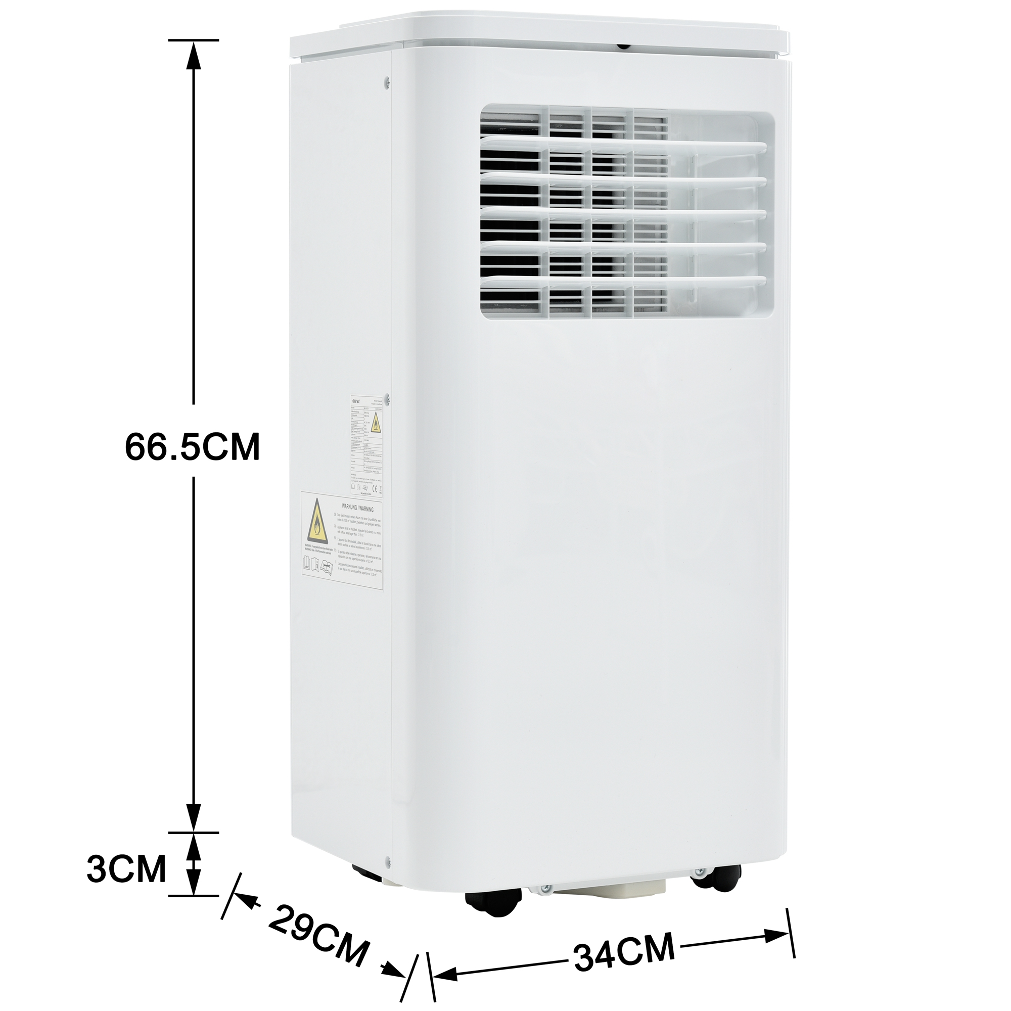 Ein weißes tragbares Klimagerät mit den angegebenen Abmessungen: 66,5 cm hoch, 29 cm breit, 34 cm tief und 3 cm dick.