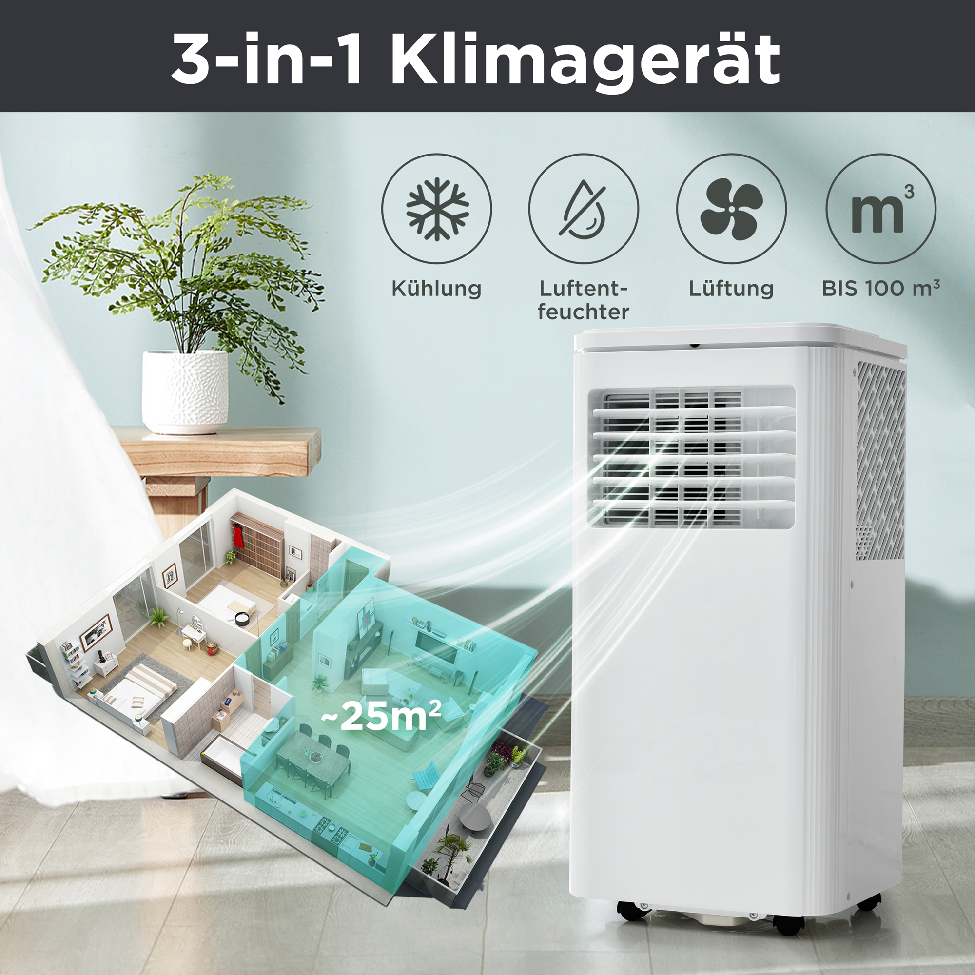 Weißer 3-in-1-Luftkühler mit Hausmodell-Overlay. Text: 3-in-1-Klimaanlage.