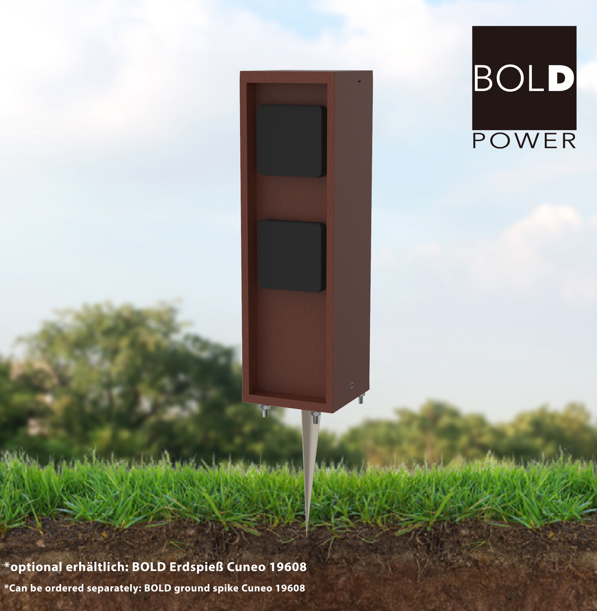 Altoparlante da esterno su un picchetto nel terreno. Marrone scuro con due elementi quadrati neri. Testo: BOLD POWER.