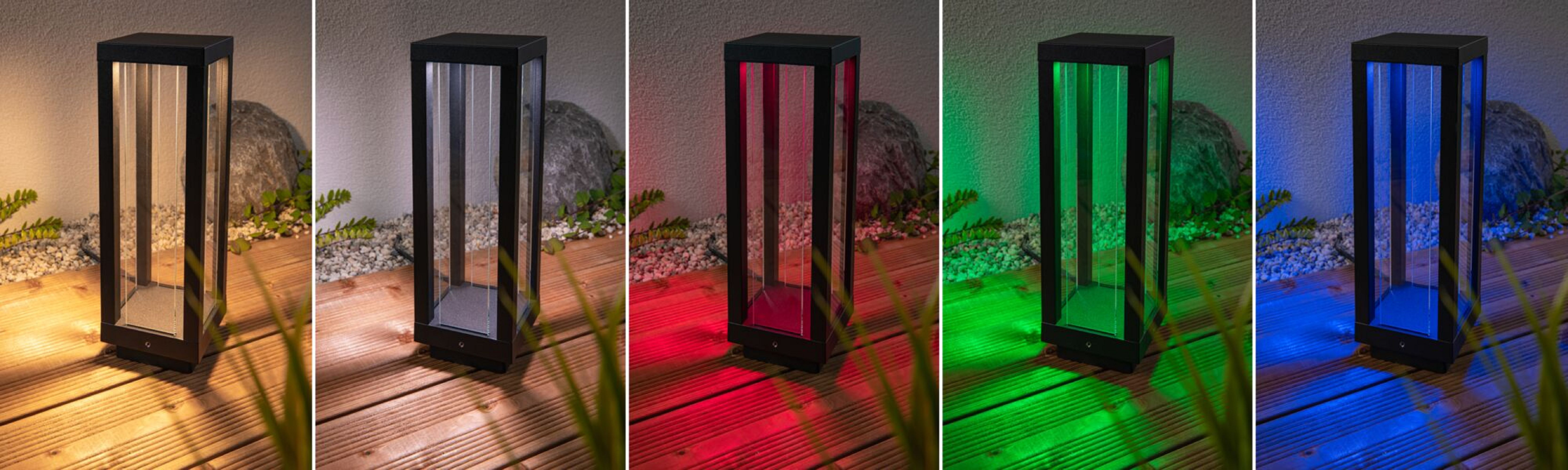 Serie von Außenleuchten in verschiedenen Farben: weiß, rot, grün, blau.