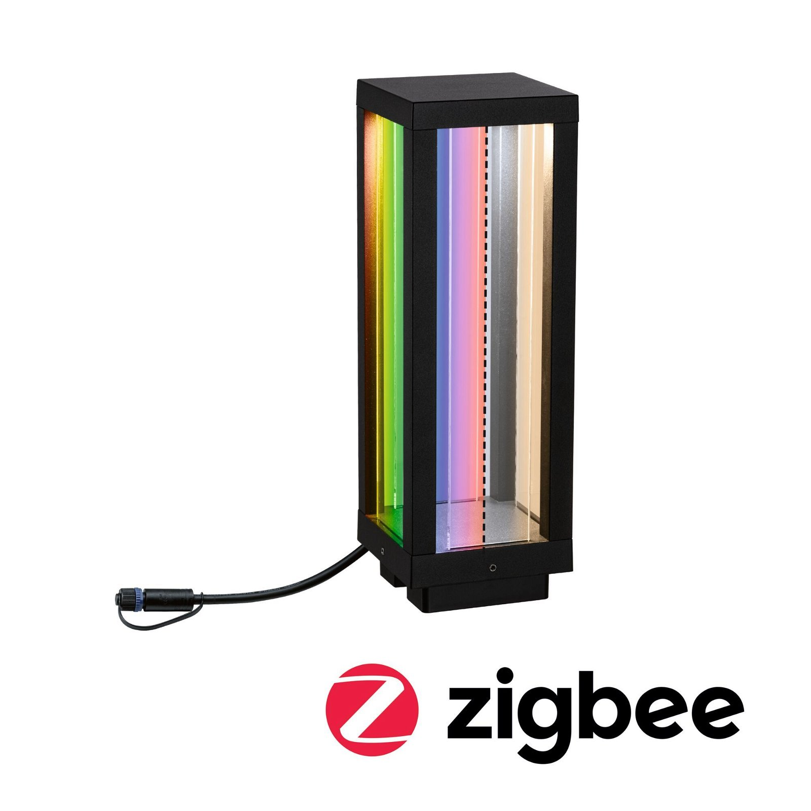 Eine schwarze, rechteckige Zigbee-Lampe mit farbwechselnden Lichtpaneelen. Sie hat ein Netzkabel und ein Zigbee-Logo.