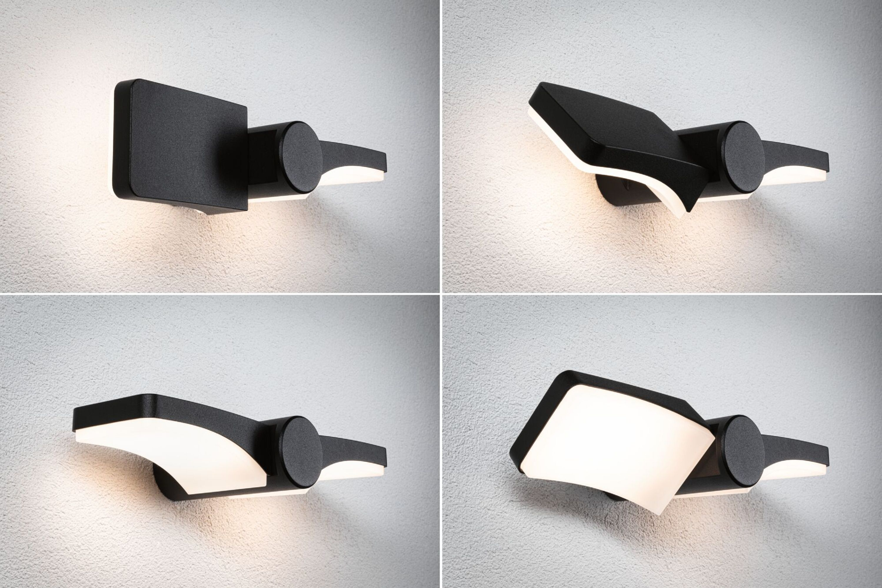 Cztery zdjęcia przedstawiają czarną, montowaną na ścianie lampę. Każde zdjęcie przedstawia światło w innej konfiguracji.