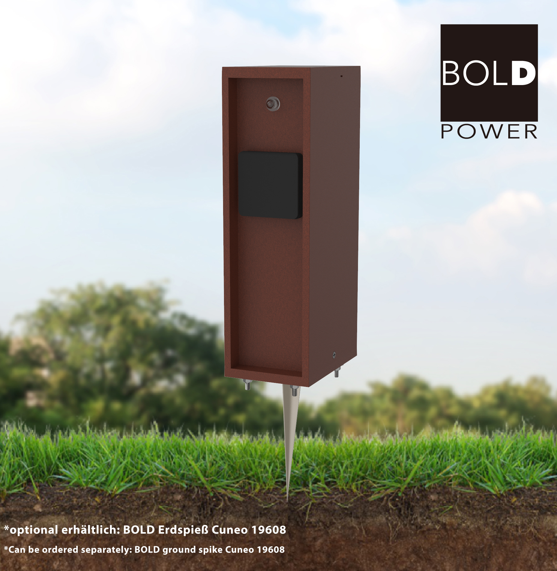 Braune Außenleuchte auf Rasen mit Himmelshintergrund und BOLD POWER Logo.