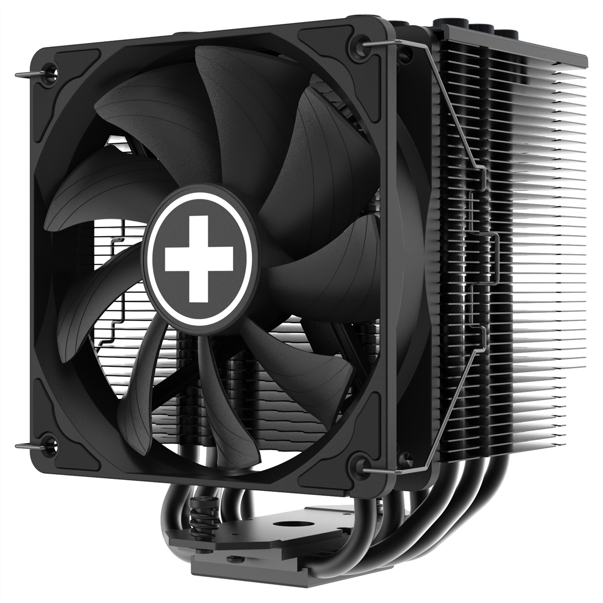 Zbliżenie czarnego chłodzenia CPU z dużym wentylatorem i radiatorem.