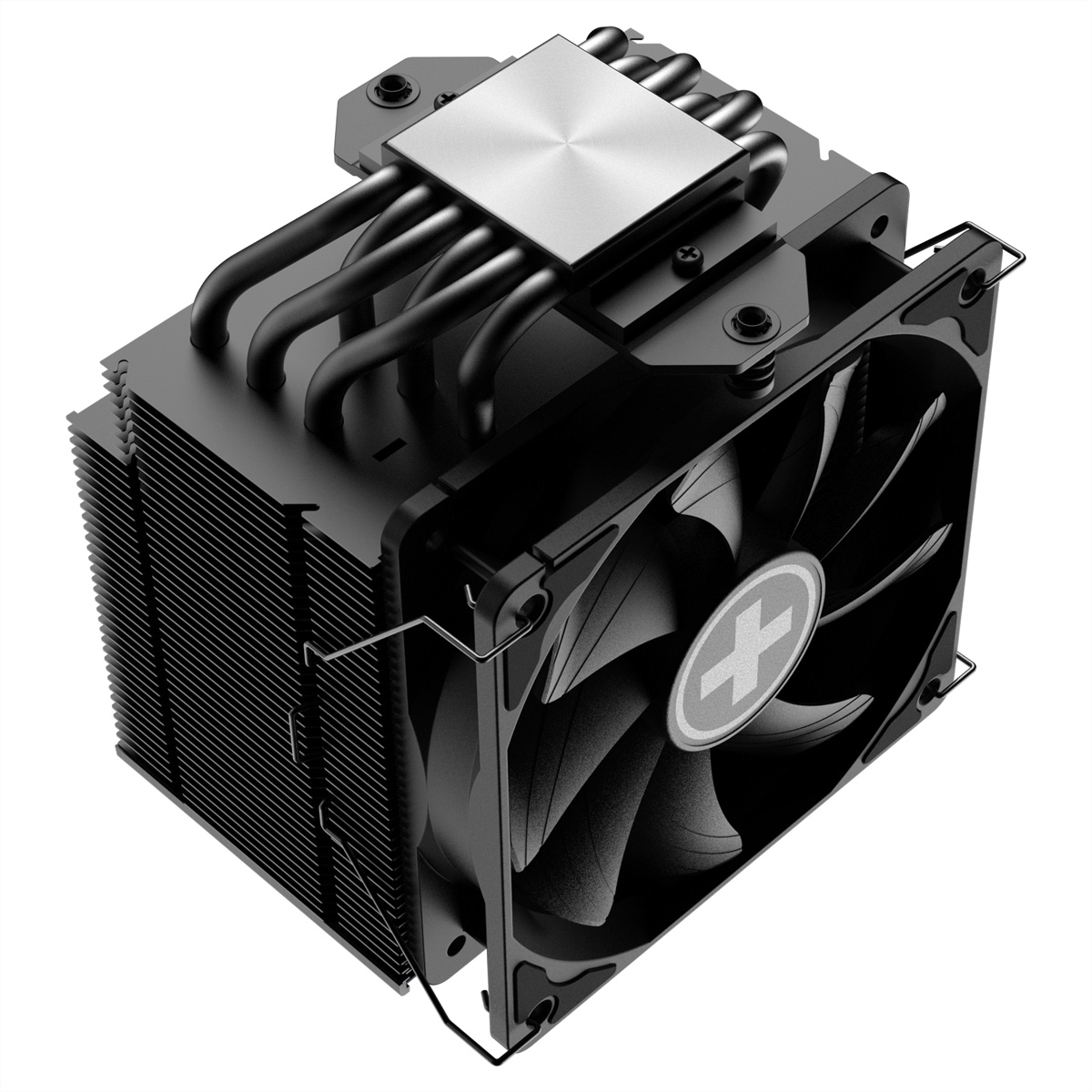 Czarny cooler CPU z wentylatorem. Srebrny wierzch i czarne żeberka. Białe tło.