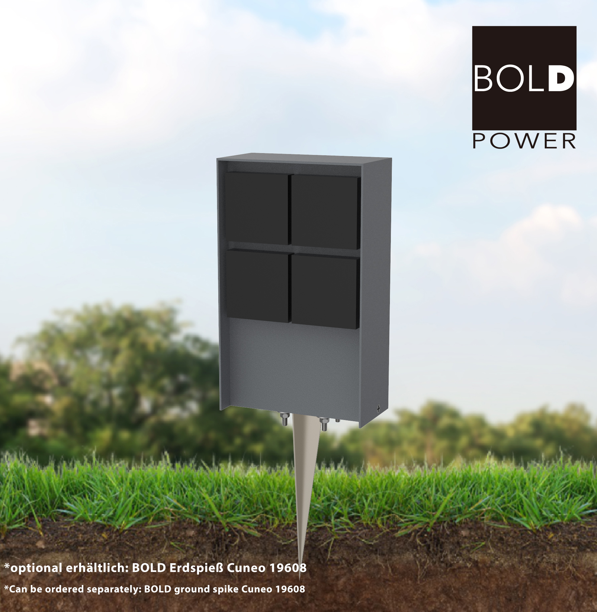 Ein graues Bold Power-Gerät mit einem Erdspieß. Das Gerät hat schwarze Quadrate und das Bold Power-Logo.