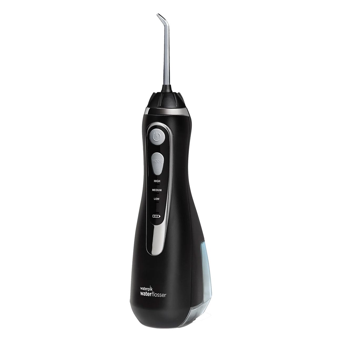 Hydropulseur Waterpik noir. Boutons et réglages. Fond noir.