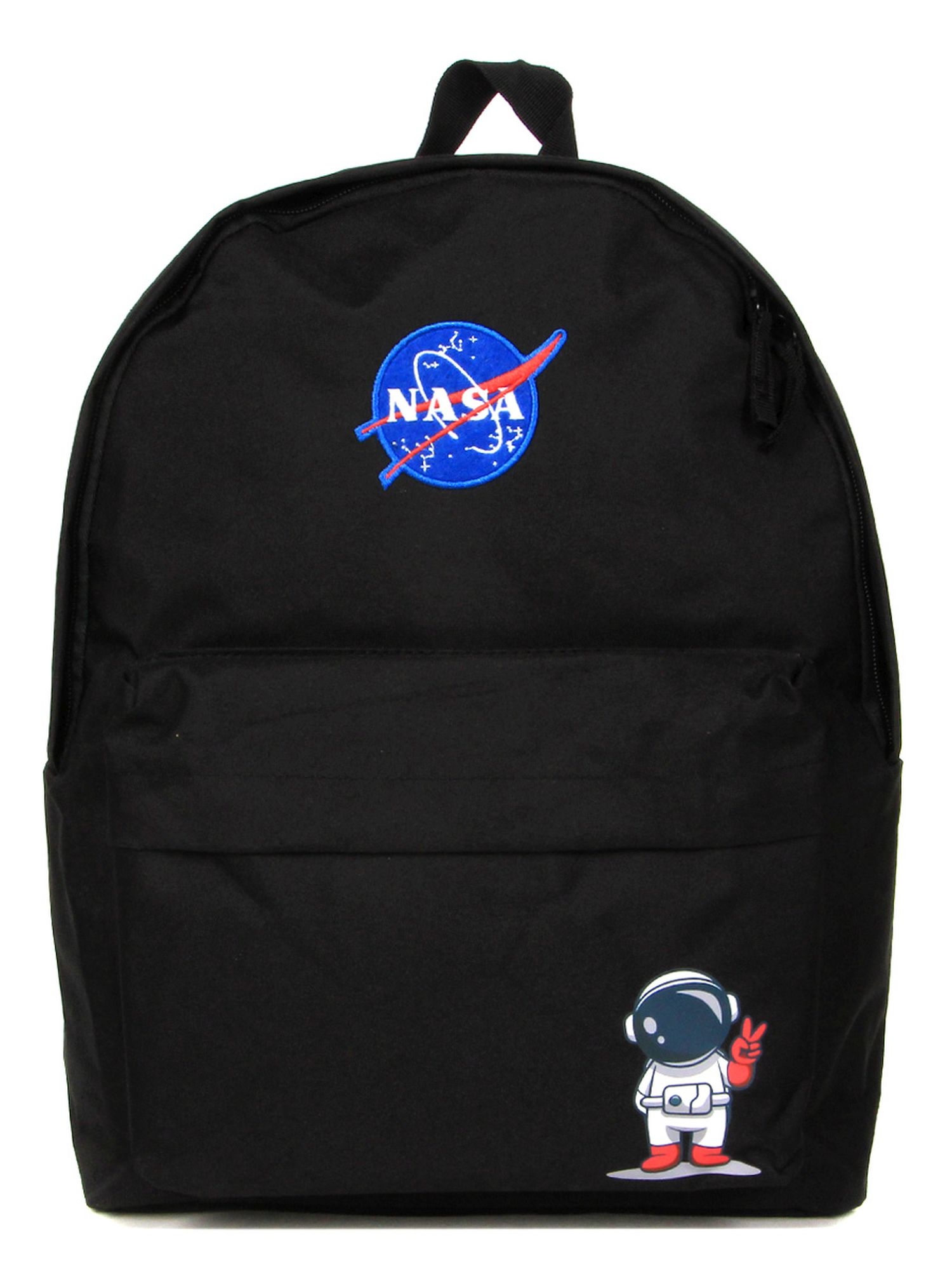 Schwarzer Rucksack mit NASA-Logo und Astronauten-Grafik. Vordertasche, schwarzer Griff.