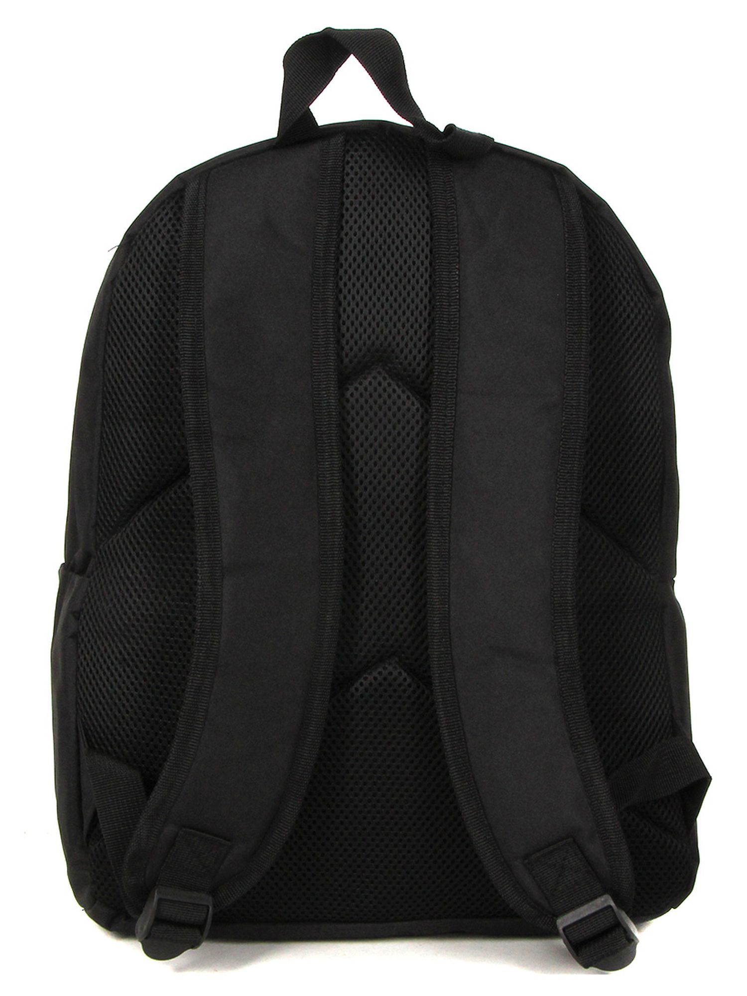 Rückseite eines schwarzen Rucksacks, Mesh-Einsätze, Schultergurte, zwei Schnallen.