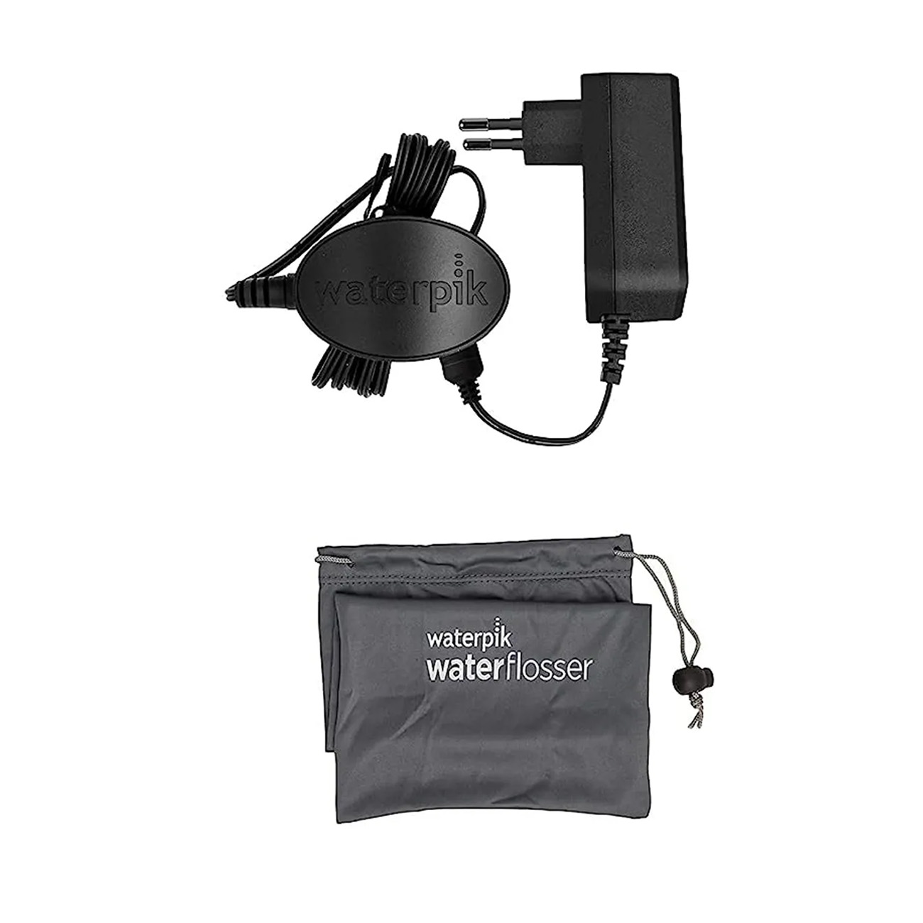 Chargeur Waterpik et un sac de voyage gris avec 'waterpik waterflosser'.