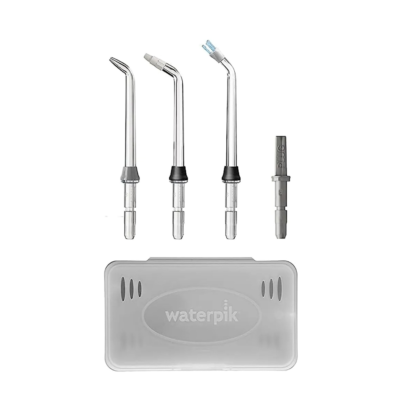 Un Waterpik avec différents embouts et un récipient.