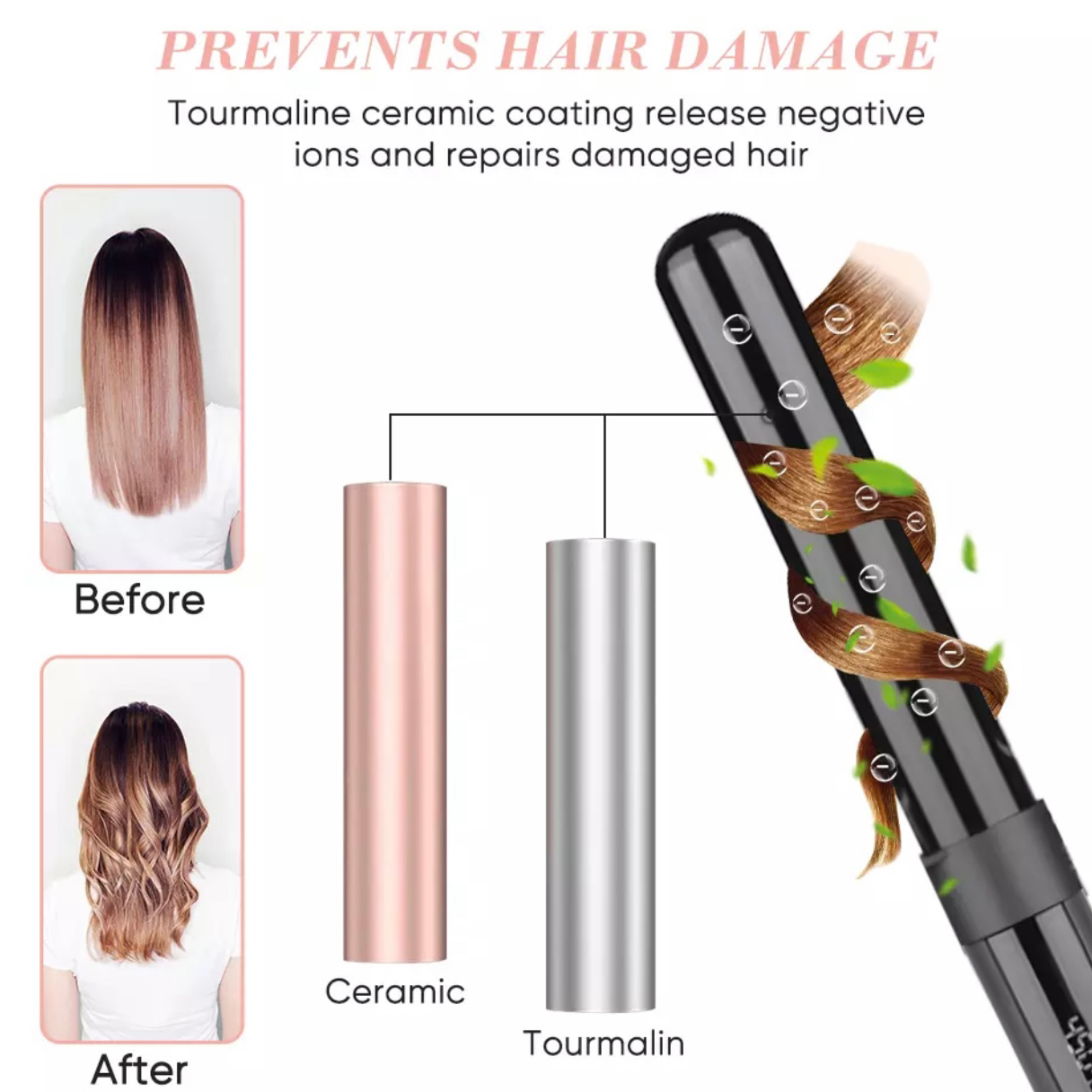 Narzędzie do stylizacji włosów z widokiem przed i po. Ma powłokę ceramiczną i turmalinową.