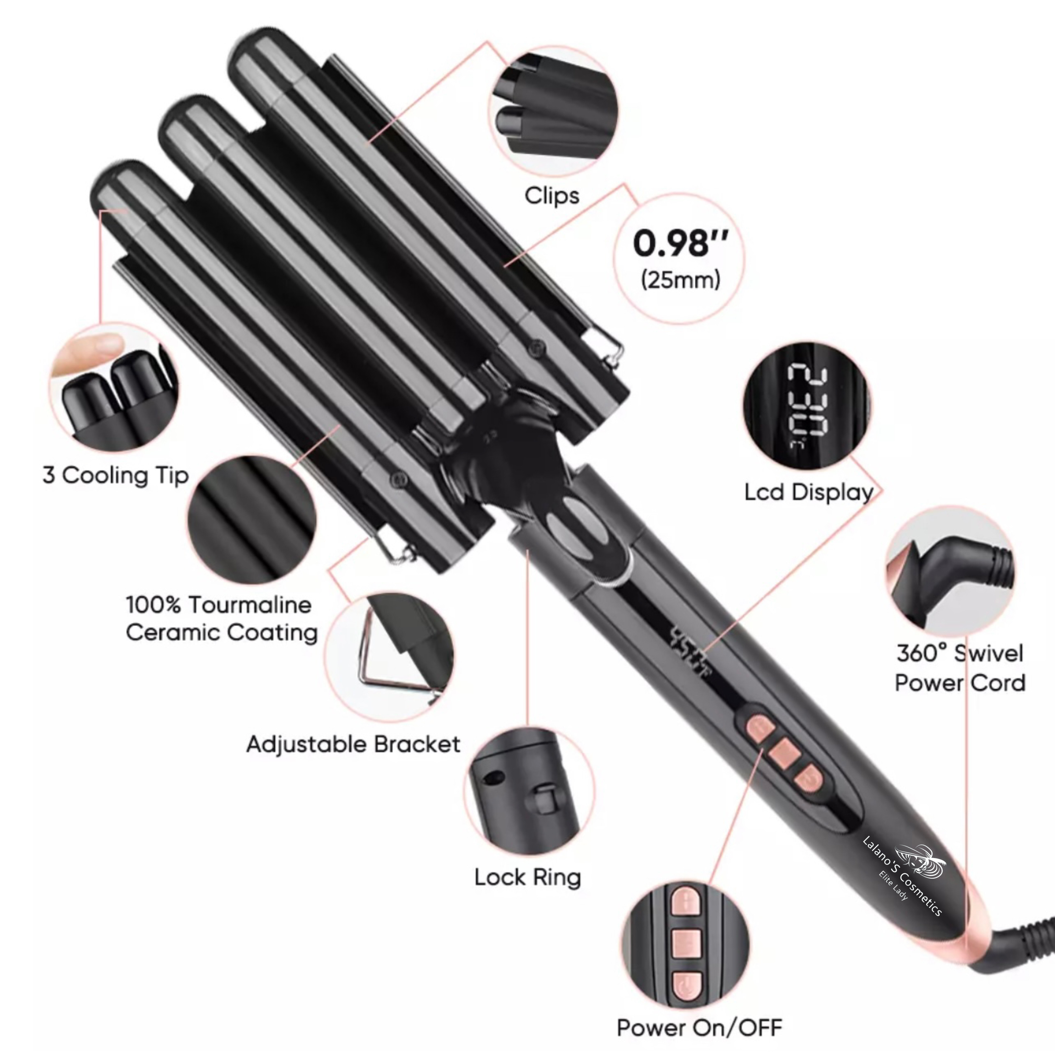 Czarna lokówka z etykietami dla funkcji, takich jak chłodzące końcówki i przewód zasilający.