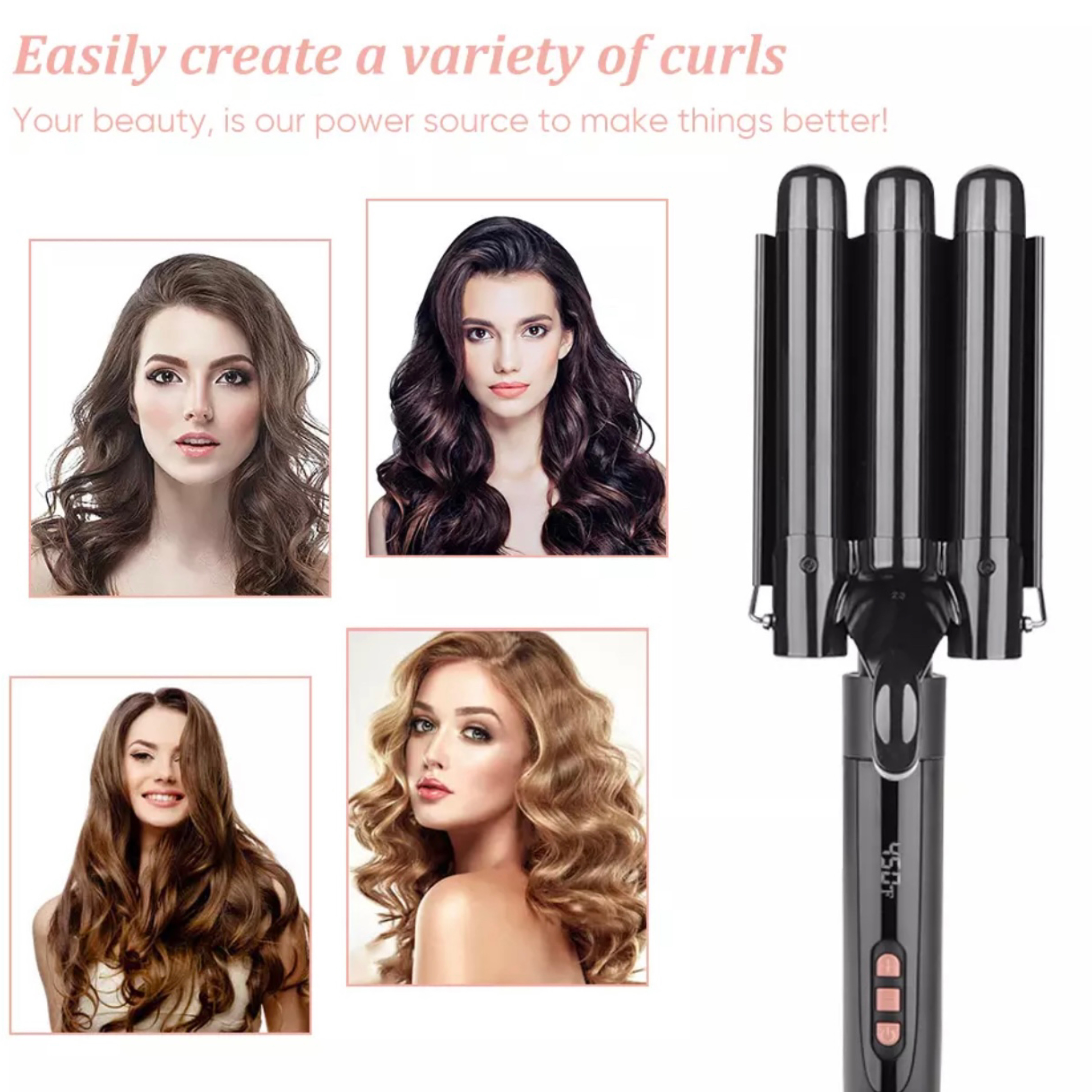 Lokówka z trzema lufami i cztery kobiety z różnymi kręconymi fryzurami.