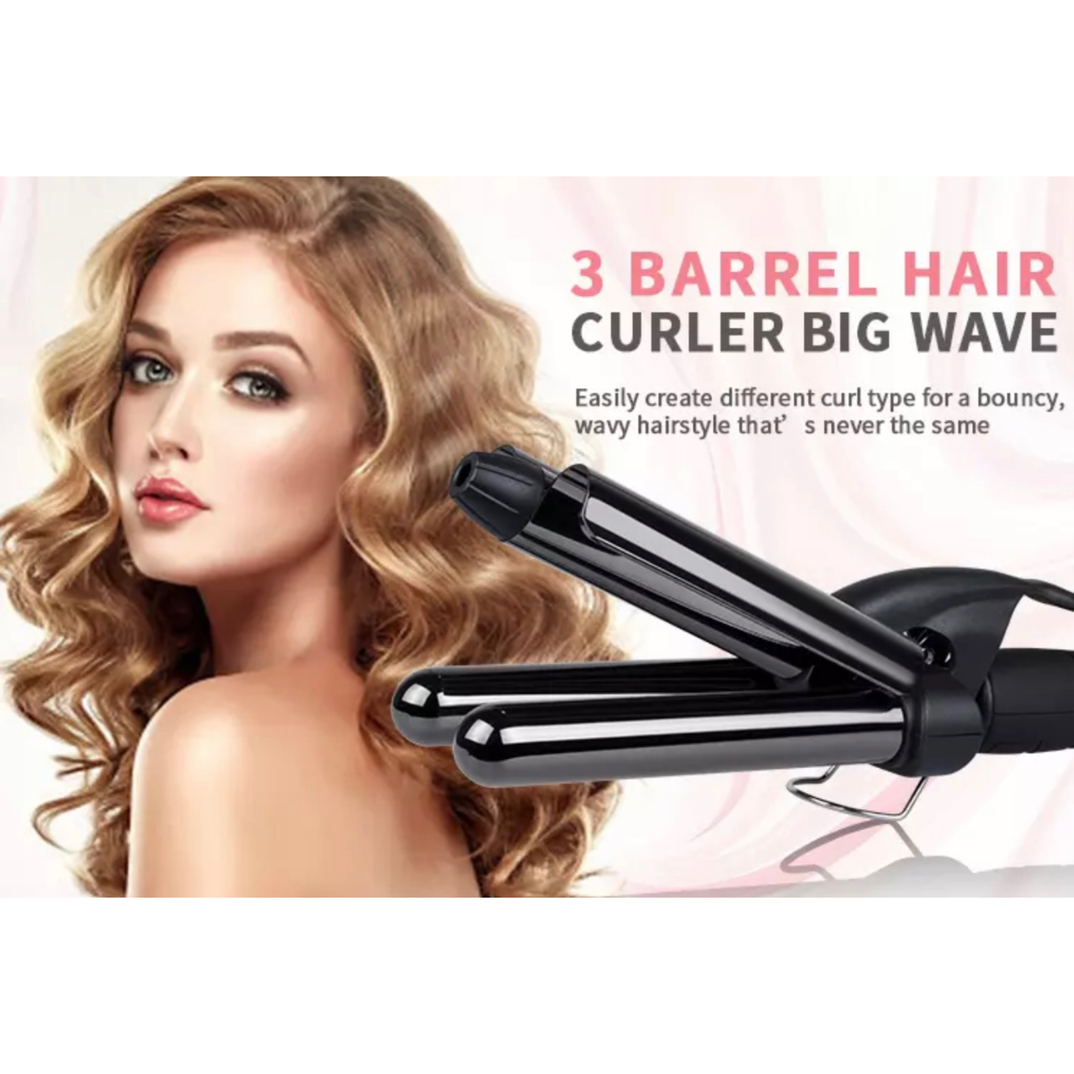 Kobieta trzyma lokówkę, z tekstem dla lokówki 3-lufowej.