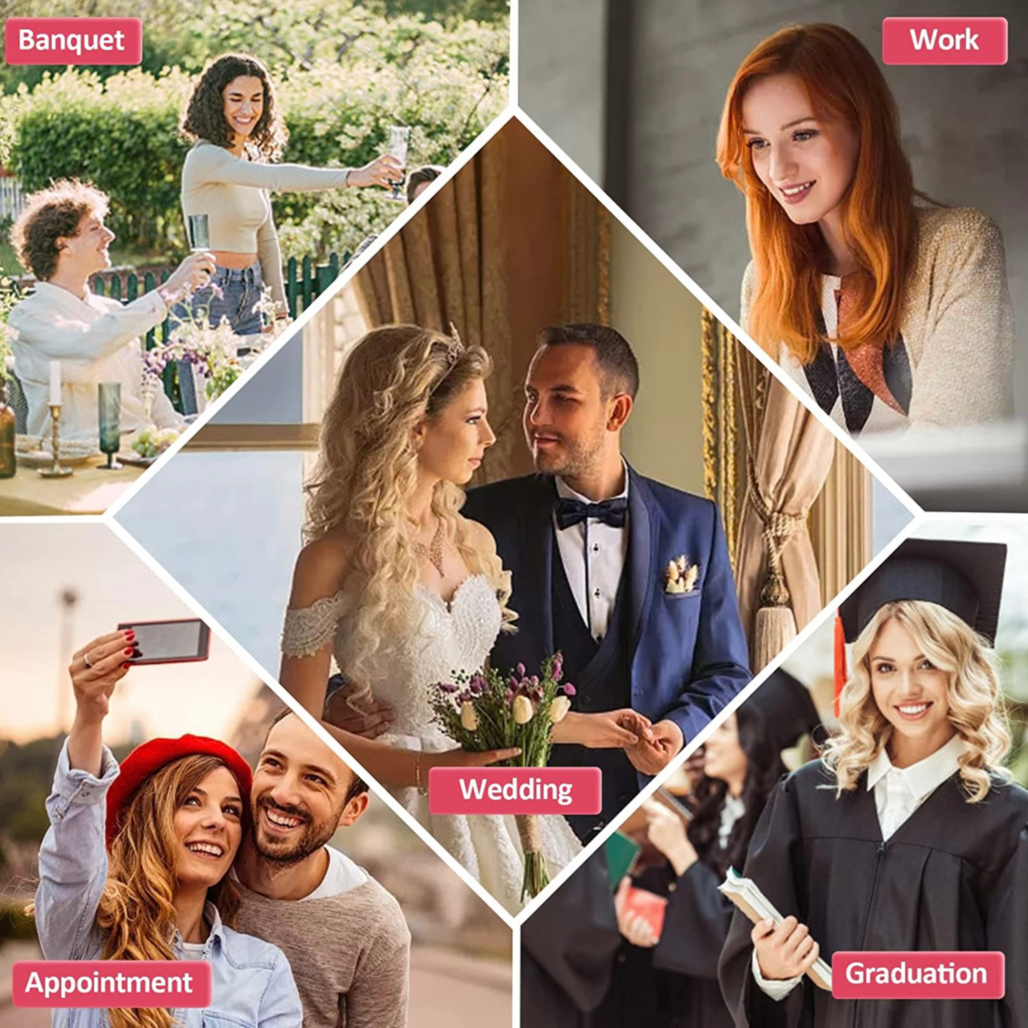 Sceny z ludźmi na bankiecie, weselu, spotkaniu, w pracy i na ukończeniu studiów, z odpowiednimi etykietami.