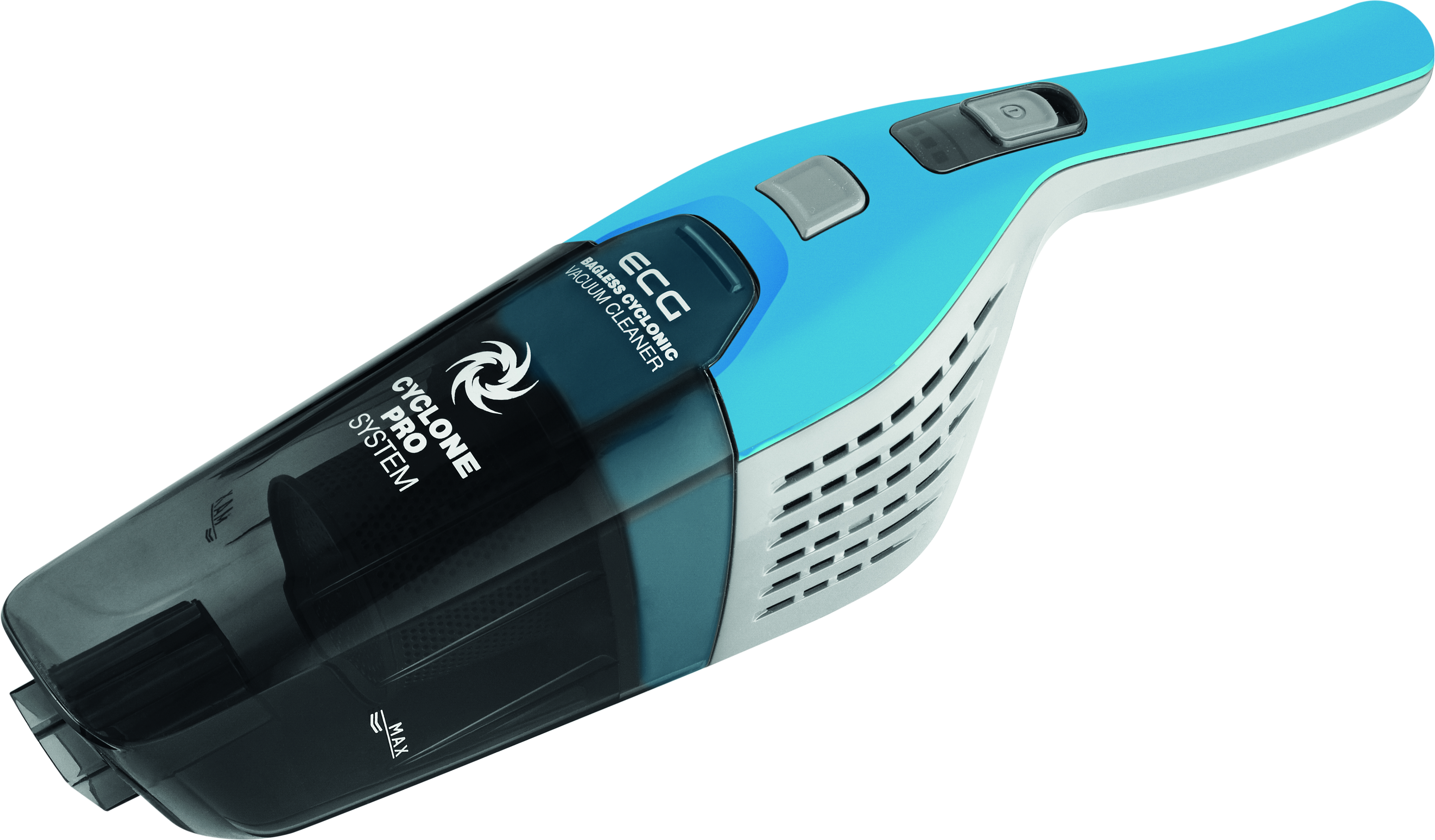 Un aspirapolvere portatile, blu e bianco, su sfondo bianco. Che mostra il design e i dettagli del prodotto.