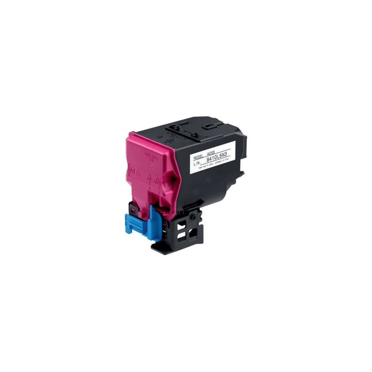 Cartuccia toner magenta con un componente blu, su sfondo bianco.