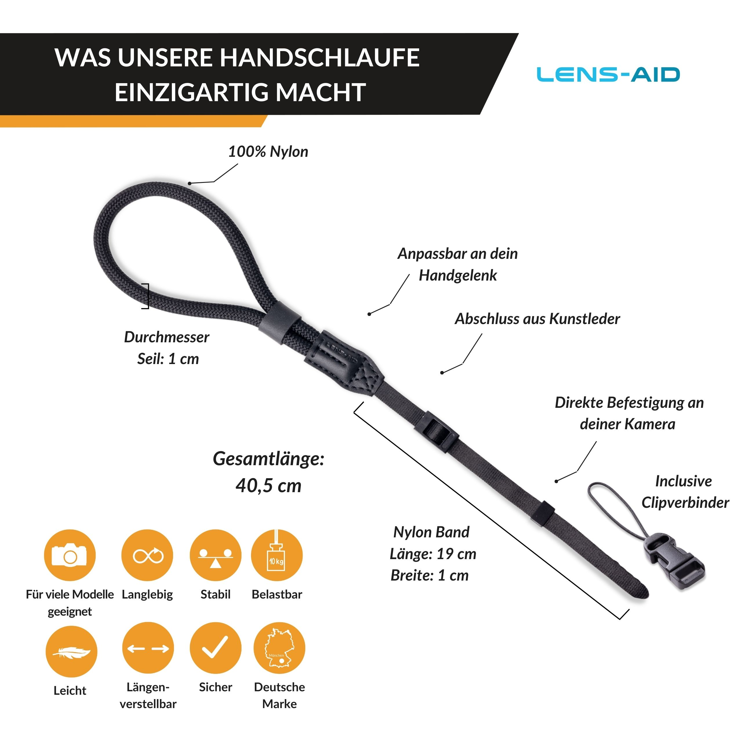 Ein schwarzer Kamerahandriemen mit Details und Funktionen, die seine Komponenten und Abmessungen zeigen.