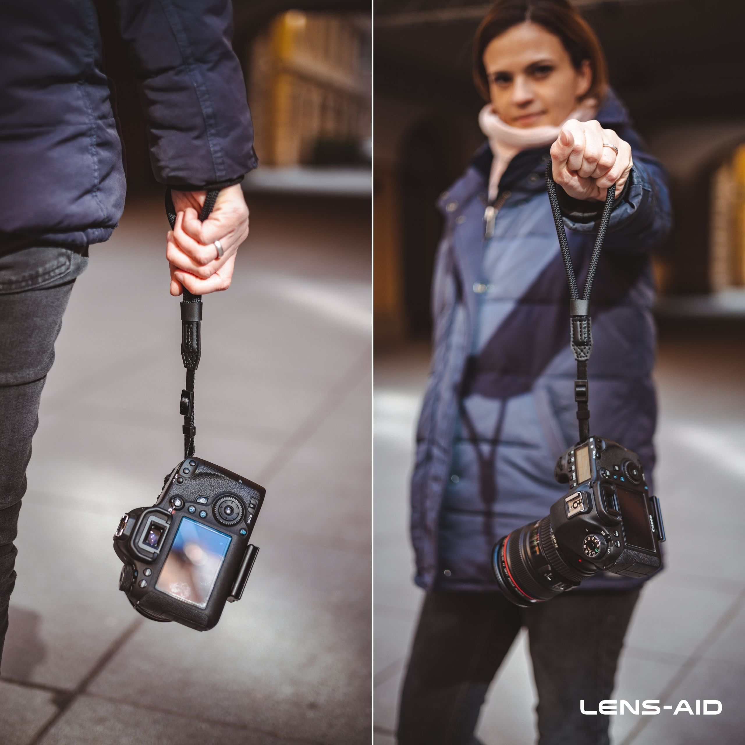 LENS-AID Kamera Handschlaufe in Seil-Optik Nikon, für Canon, Leica Olympus, Sony schmale passend oder Fujifilm, kleine Schwarz, Alpha, für Ösen, Handschlaufe