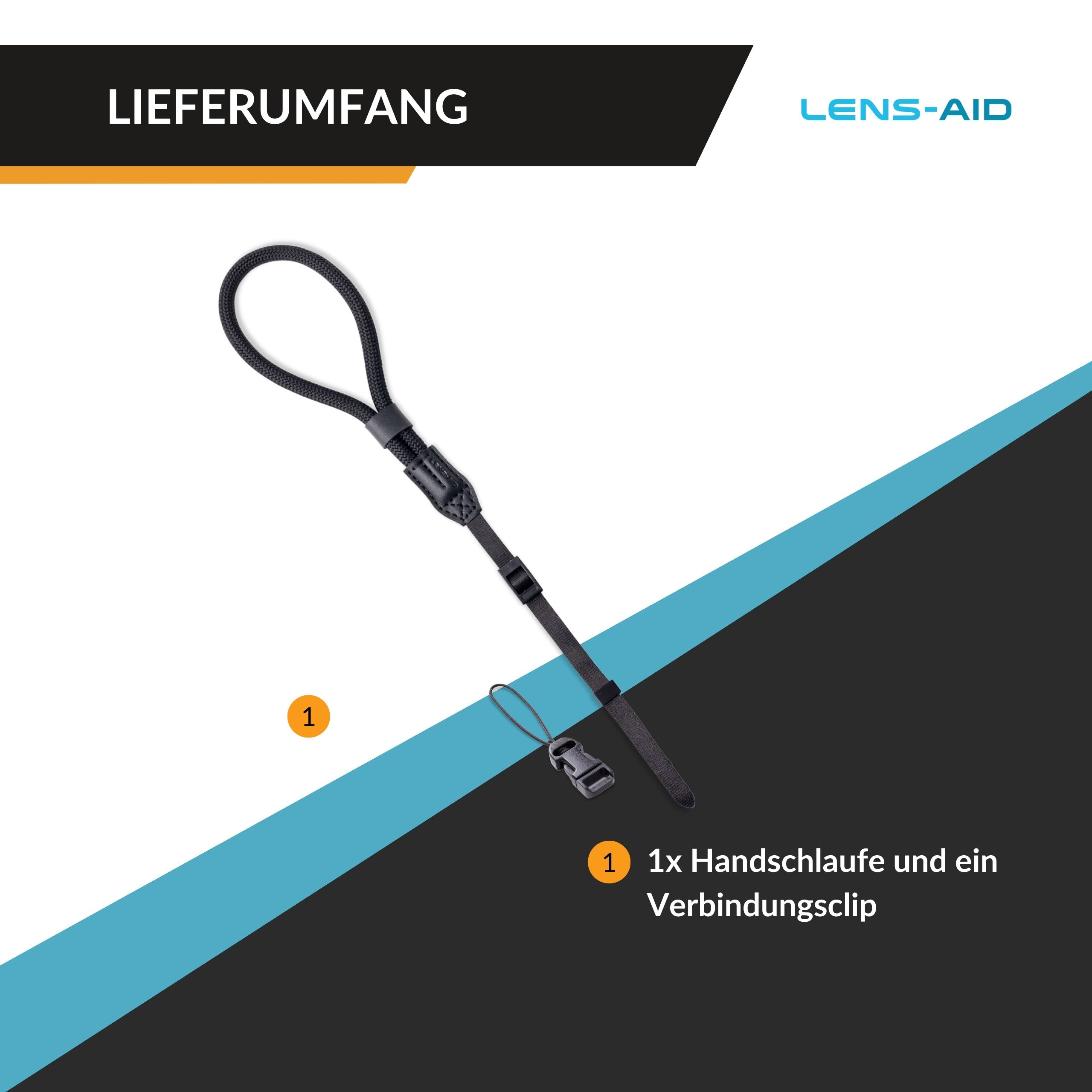 Schwarzes Lanyard mit Verbindungsclip und Schlaufe. Weißer Hintergrund mit blauen Elementen.