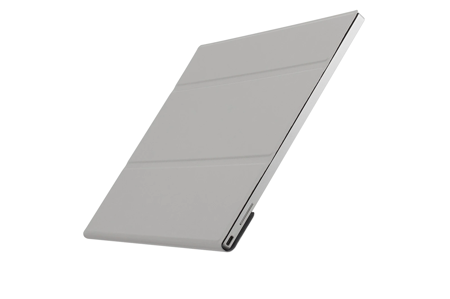 Una funda de tableta gris claro, plegada para que se sostenga. Muestra una superficie cerrada y texturizada.