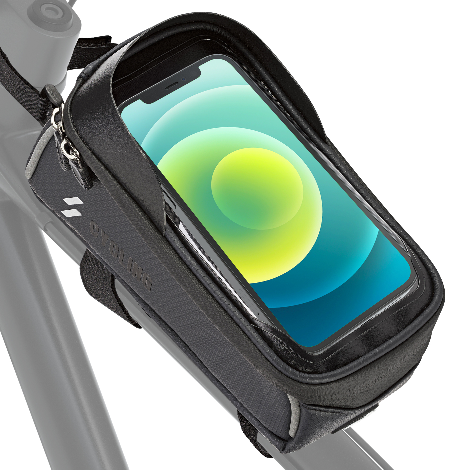 Schwarze Handyhülle an einem Fahrrad. Telefon in der Hülle. Telefonbildschirm sichtbar.