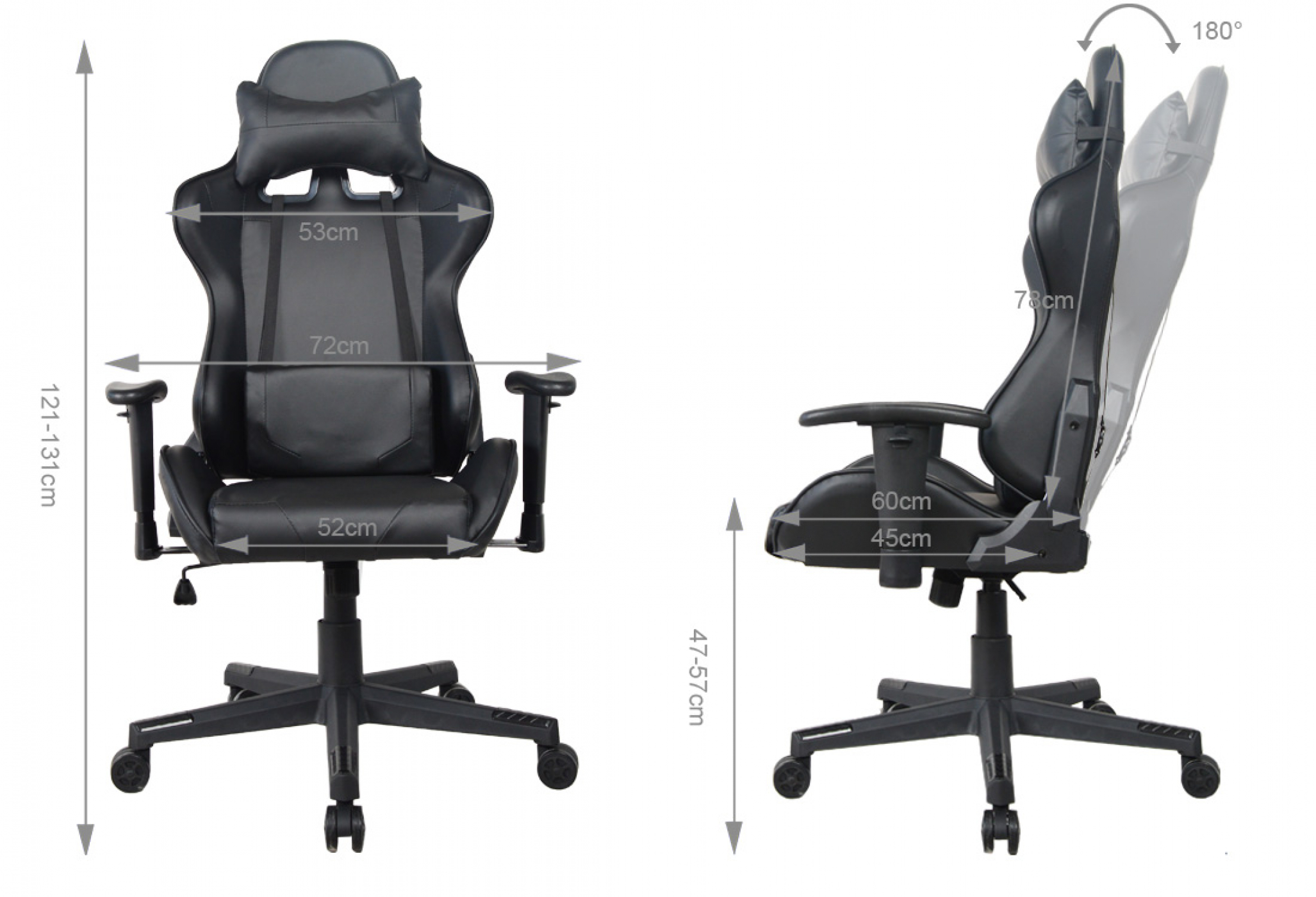 Gaming-Stuhl mit Maßen, angezeigt aus Front- und Seitenansicht, schwarz und grau.