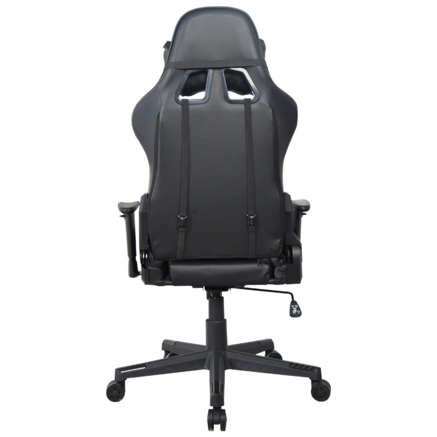 Ein schwarzer Gaming-Stuhl, Rückansicht, mit Rückenlehne, Rädern und Verstellhebeln.