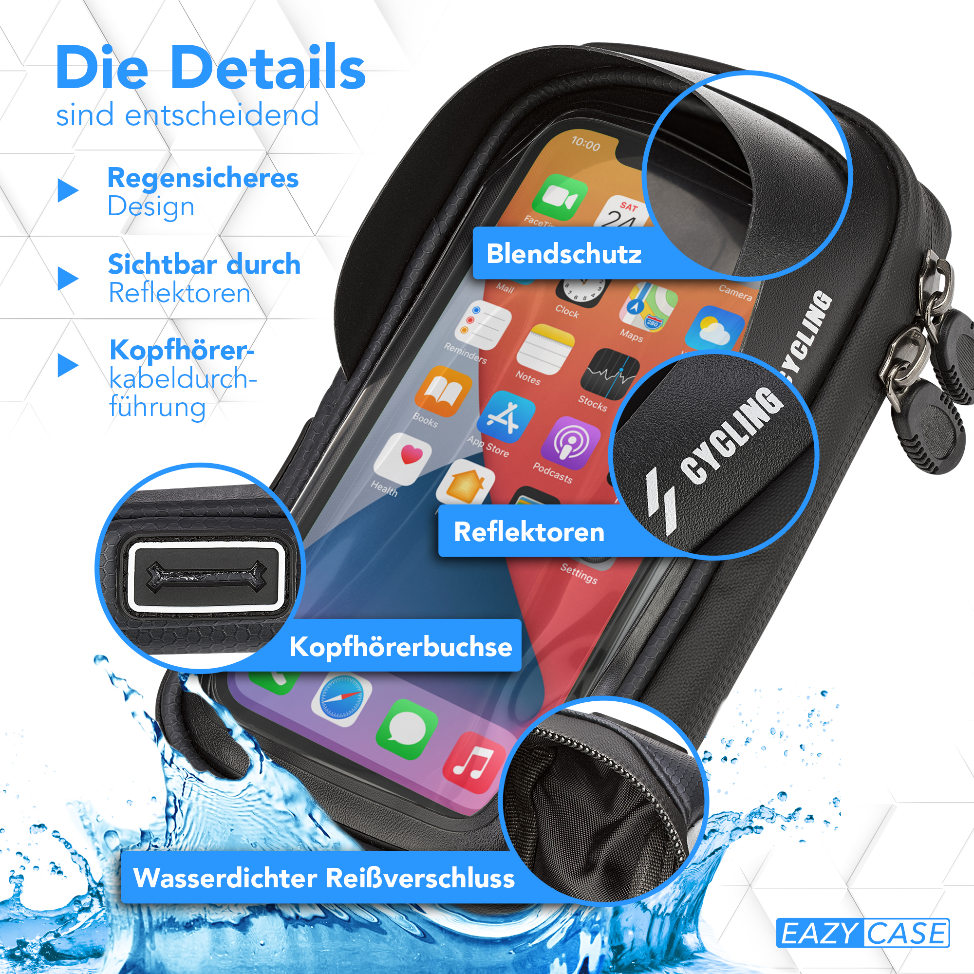 Schwarze Telefonhalterung mit Bildschirm, Wassertropfen und Produktdetails.