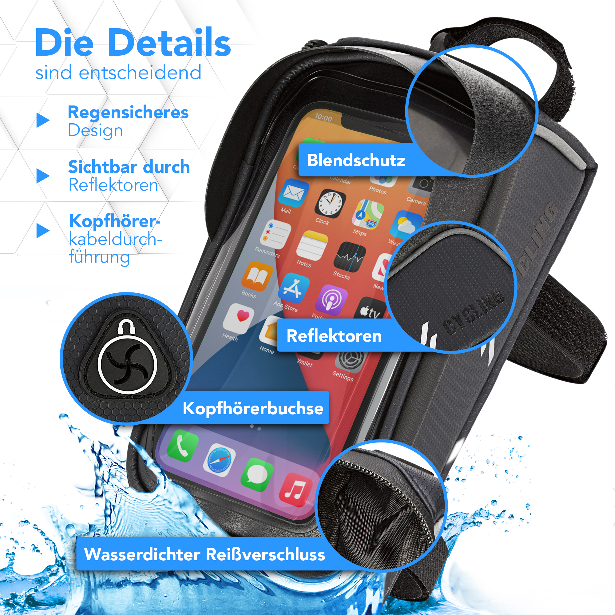 Schwarze Handyhülle mit Telefon. Merkmale sind wasserdichter Reißverschluss, Kopfhörerloch und Reflektoren.