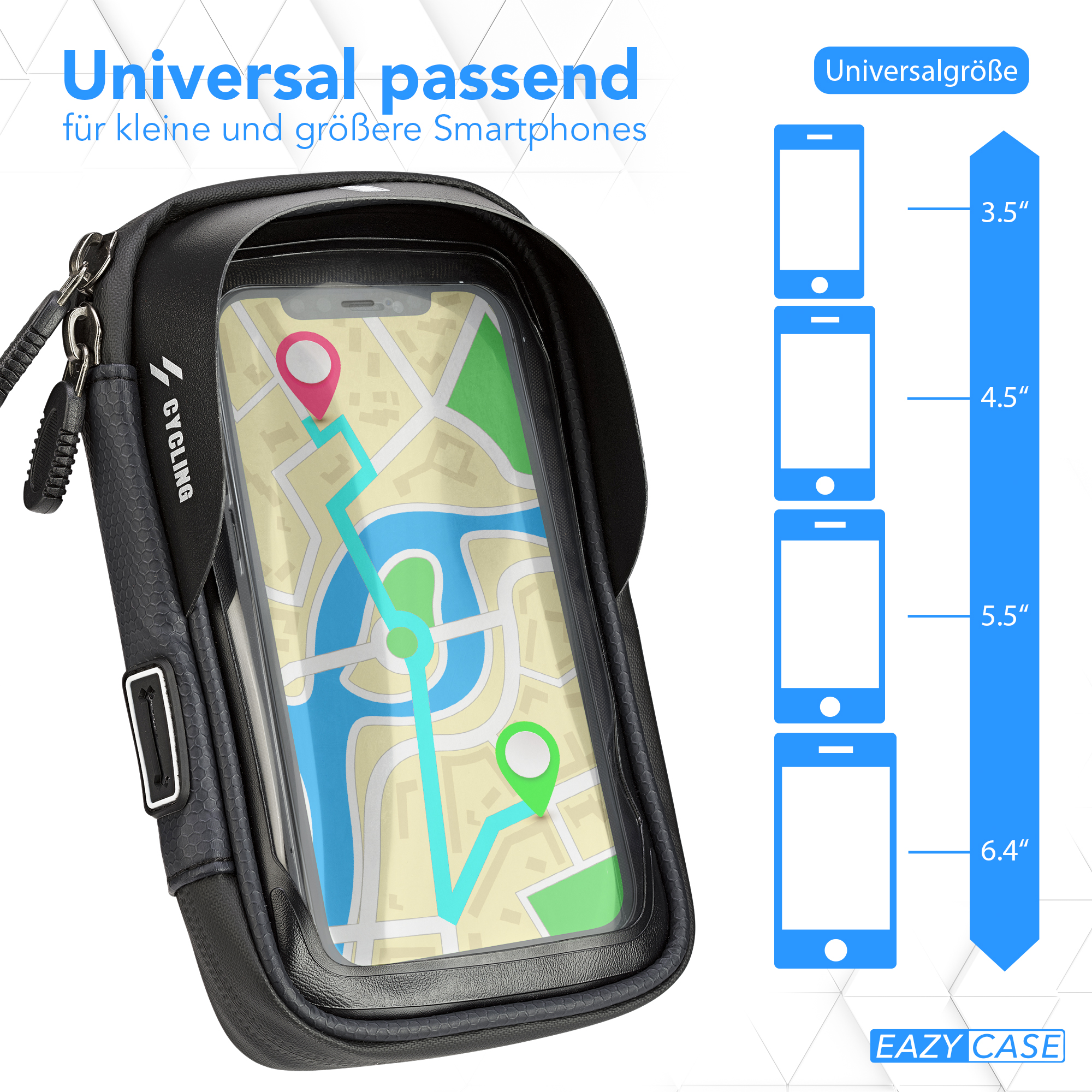 Schwarze Handyhülle für Radfahren. Handyhülle mit GPS-Karte sichtbar.