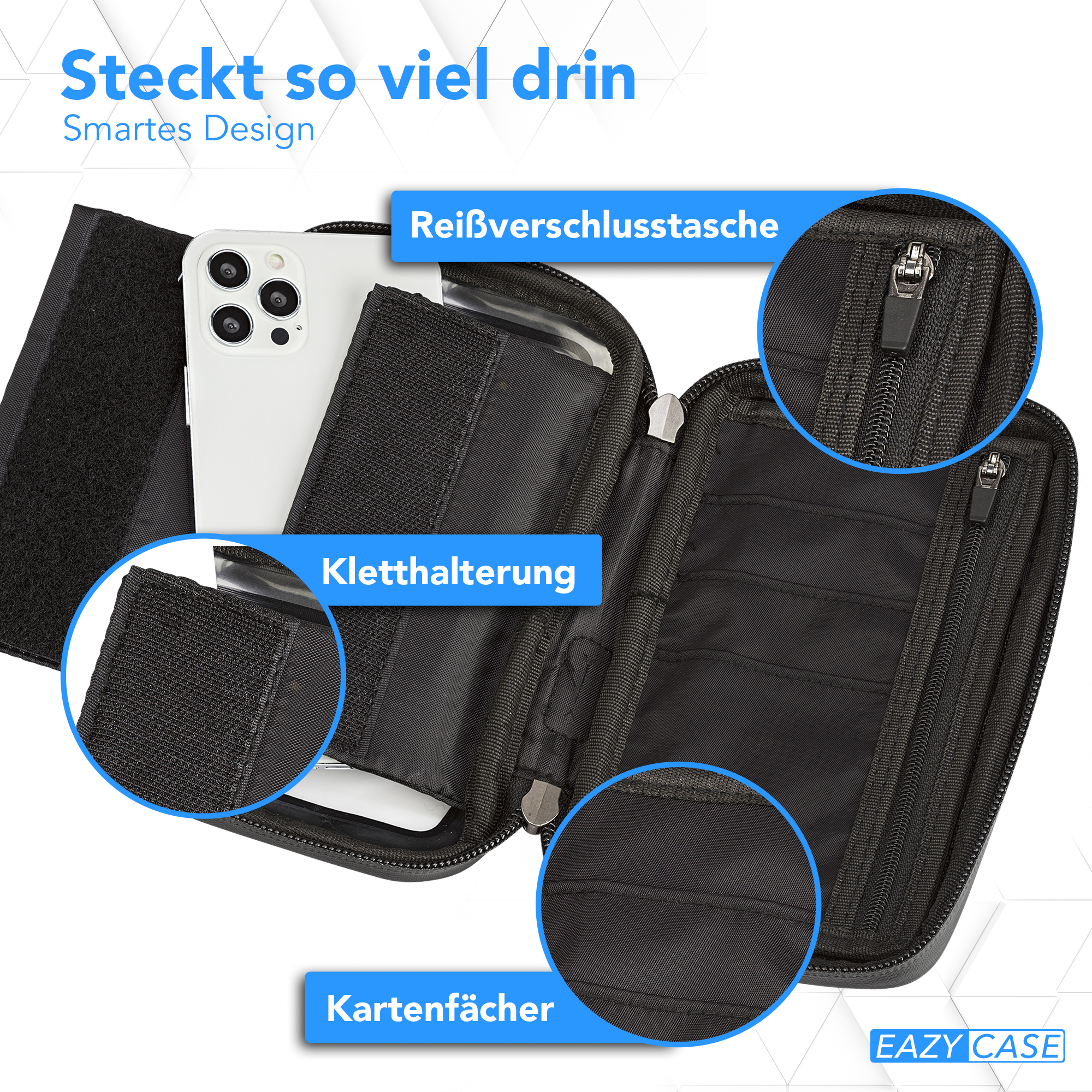 Eine schwarze Hülle mit Telefon. Text hebt Merkmale hervor: Reißverschlusstasche, Kartenfächer.