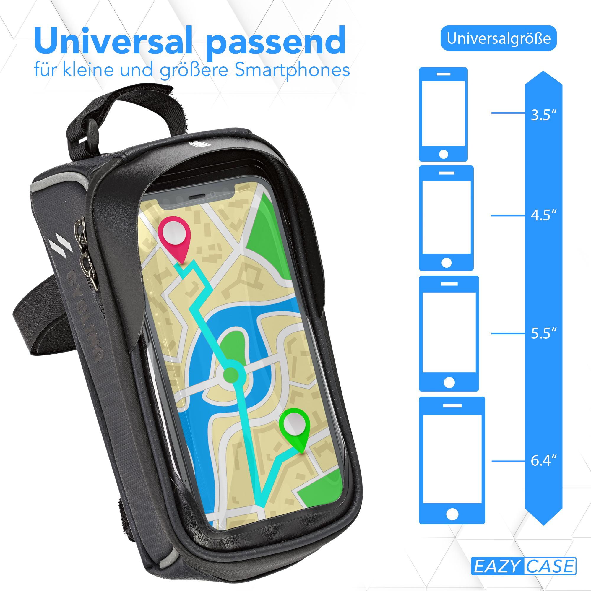 Schwarze Fahrradtasche mit Karte und Größenbeispielen.