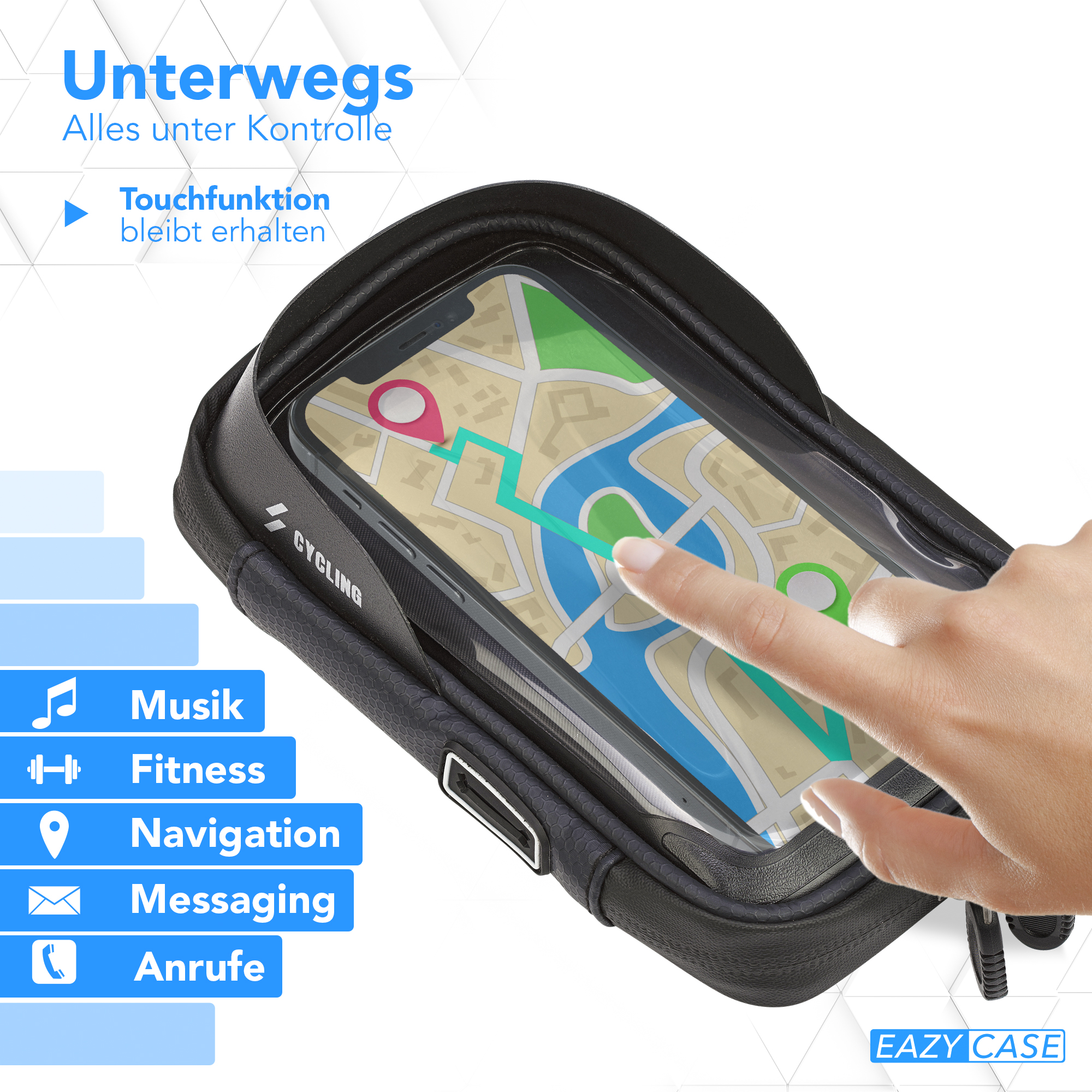 Eine Hand berührt ein Telefon in einer schwarzen Hülle. Das Telefon zeigt eine Karte an. Symbole für Musik, Fitness und Navigation sind sichtbar.