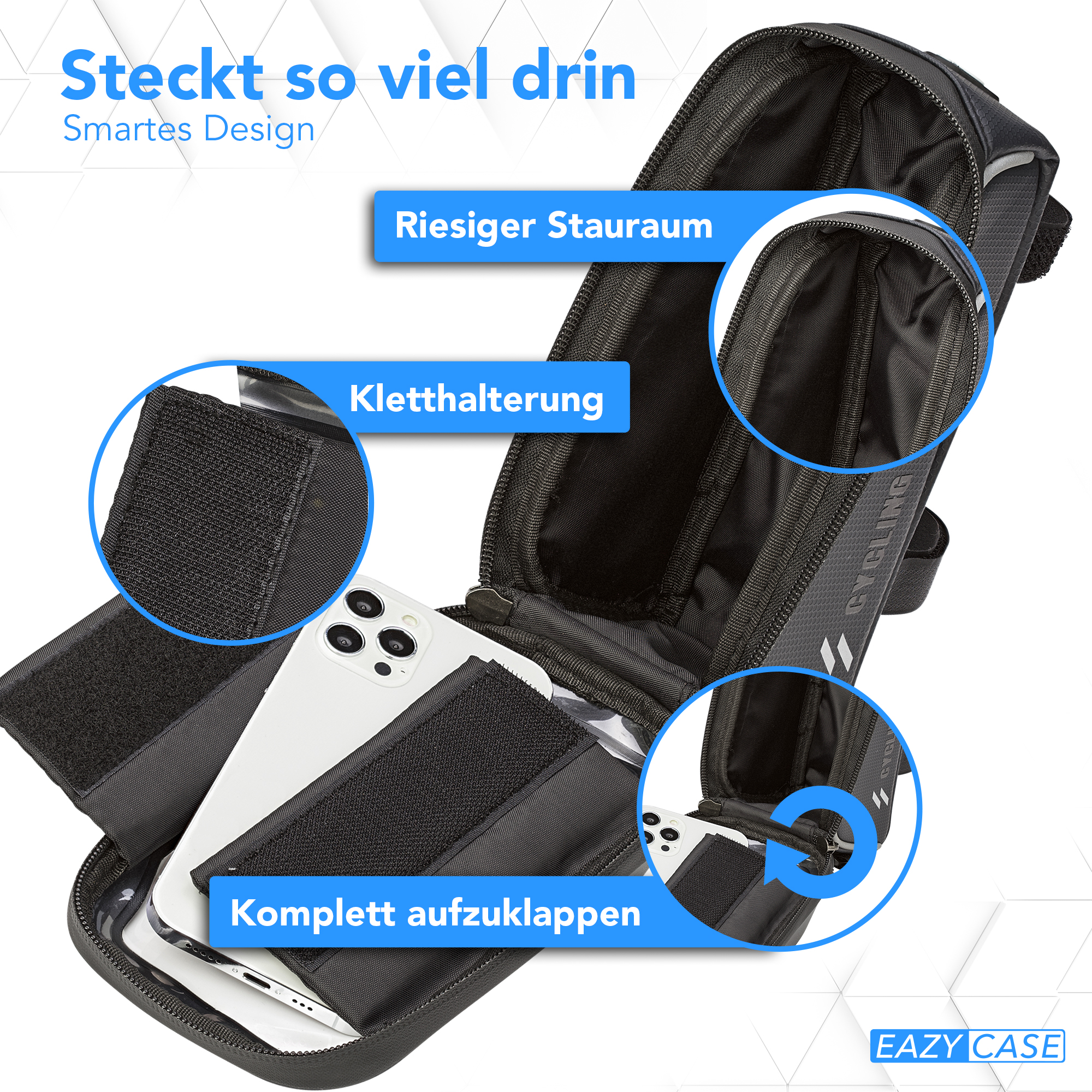 Eine schwarze Tasche mit einem Telefon und Zubehör. Die Tasche hat einen Reißverschluss und Klettverschlüsse.