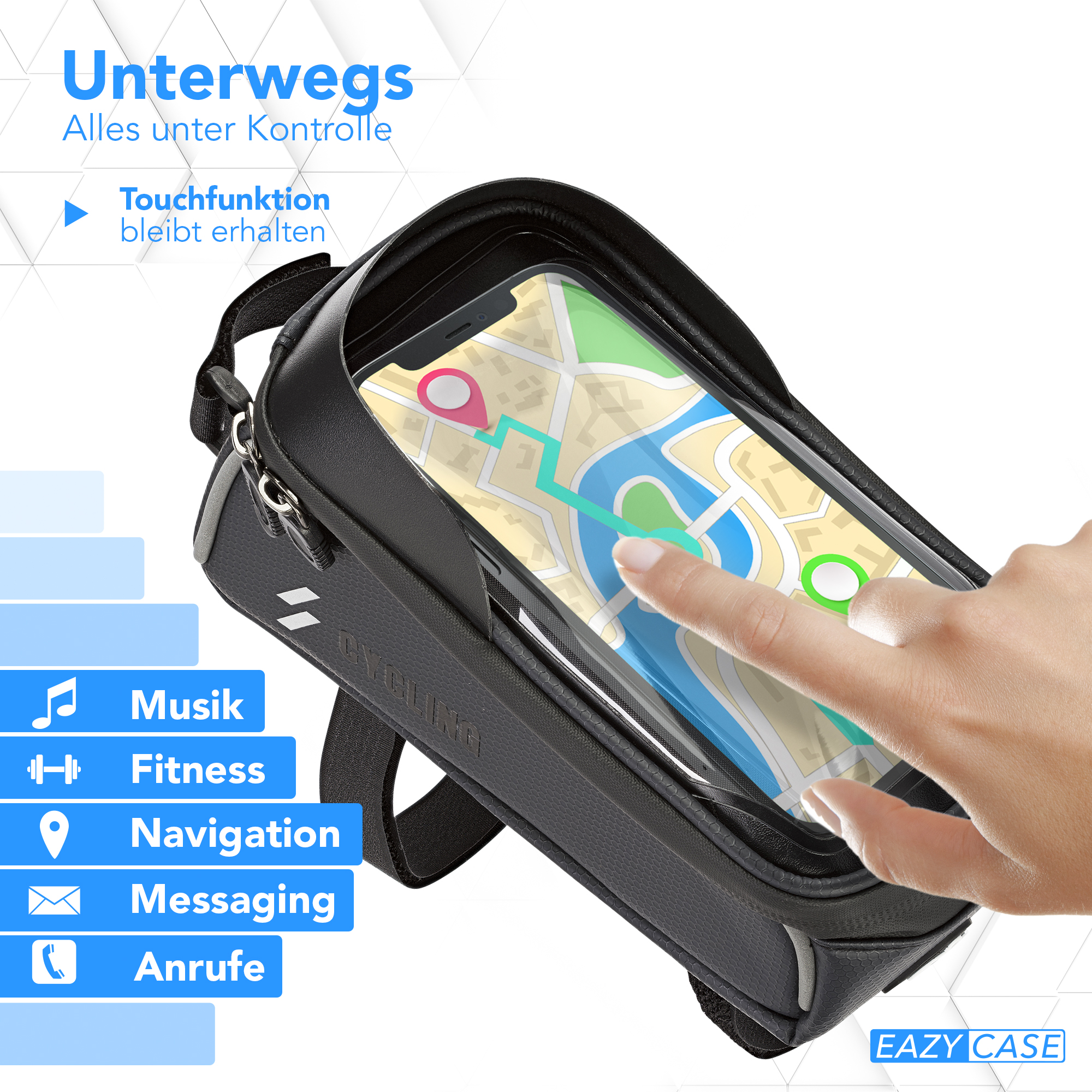 Schwarze Handytasche mit Karte auf dem Bildschirm. Touch-Funktion aktiv.