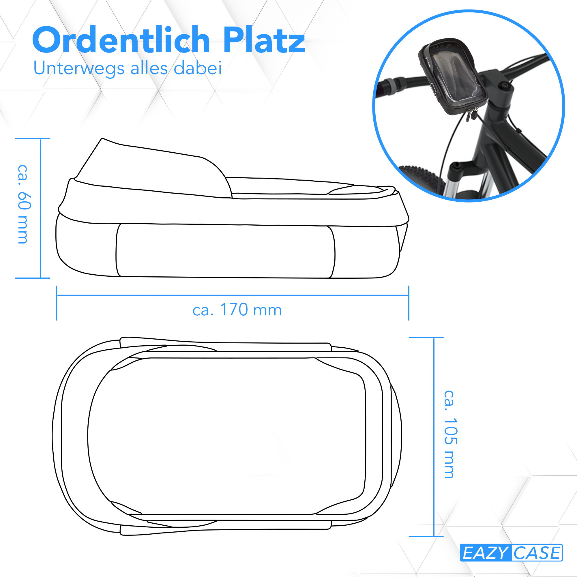 Diagramm eines schwarzen Gehäuses mit Abmessungen in mm. Ein Fahrradlenker ist sichtbar.