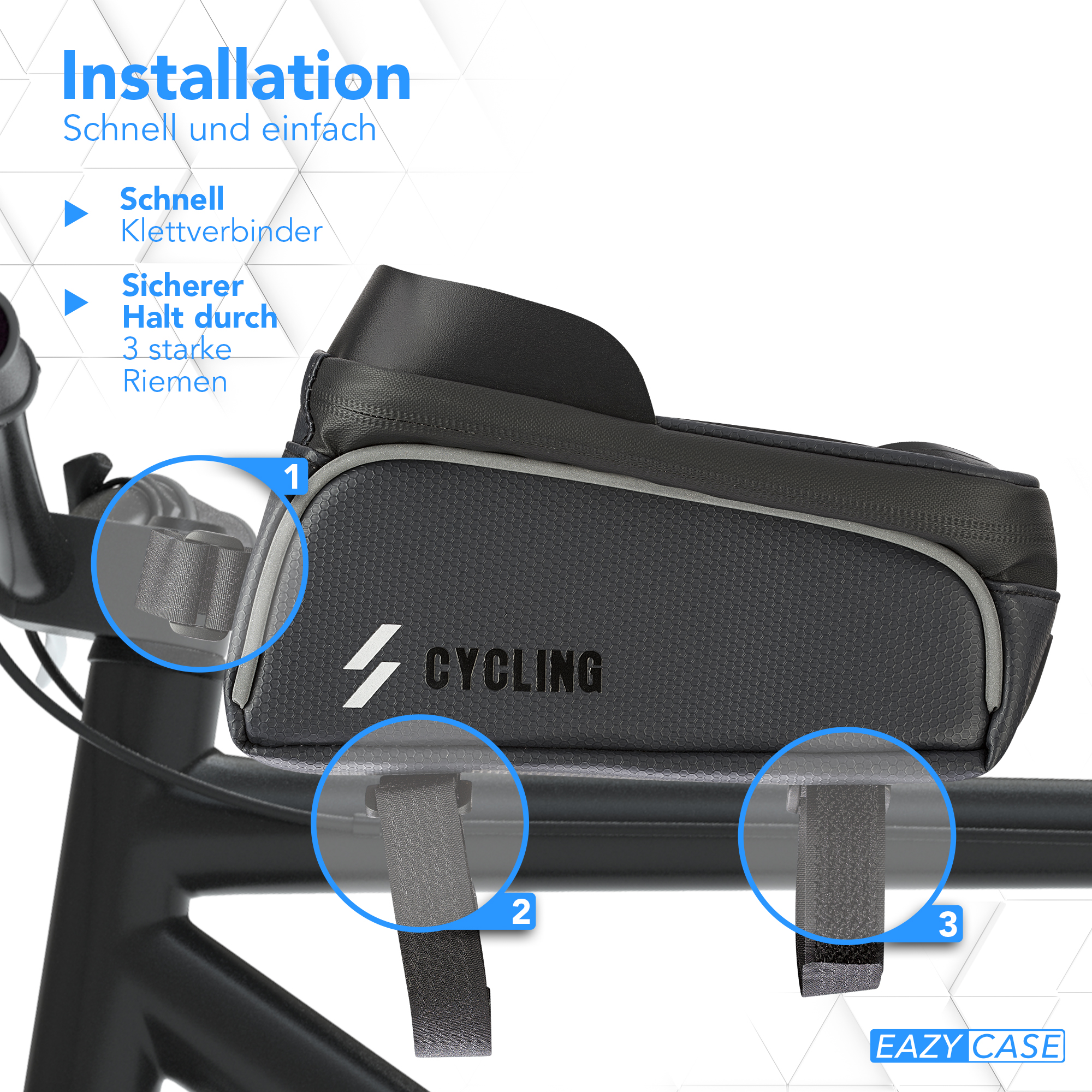Schwarze Fahrradtasche am Fahrrad montiert. Gurte und ein Schloss. Text: Installation und Radfahren. Eazy Case Logo.