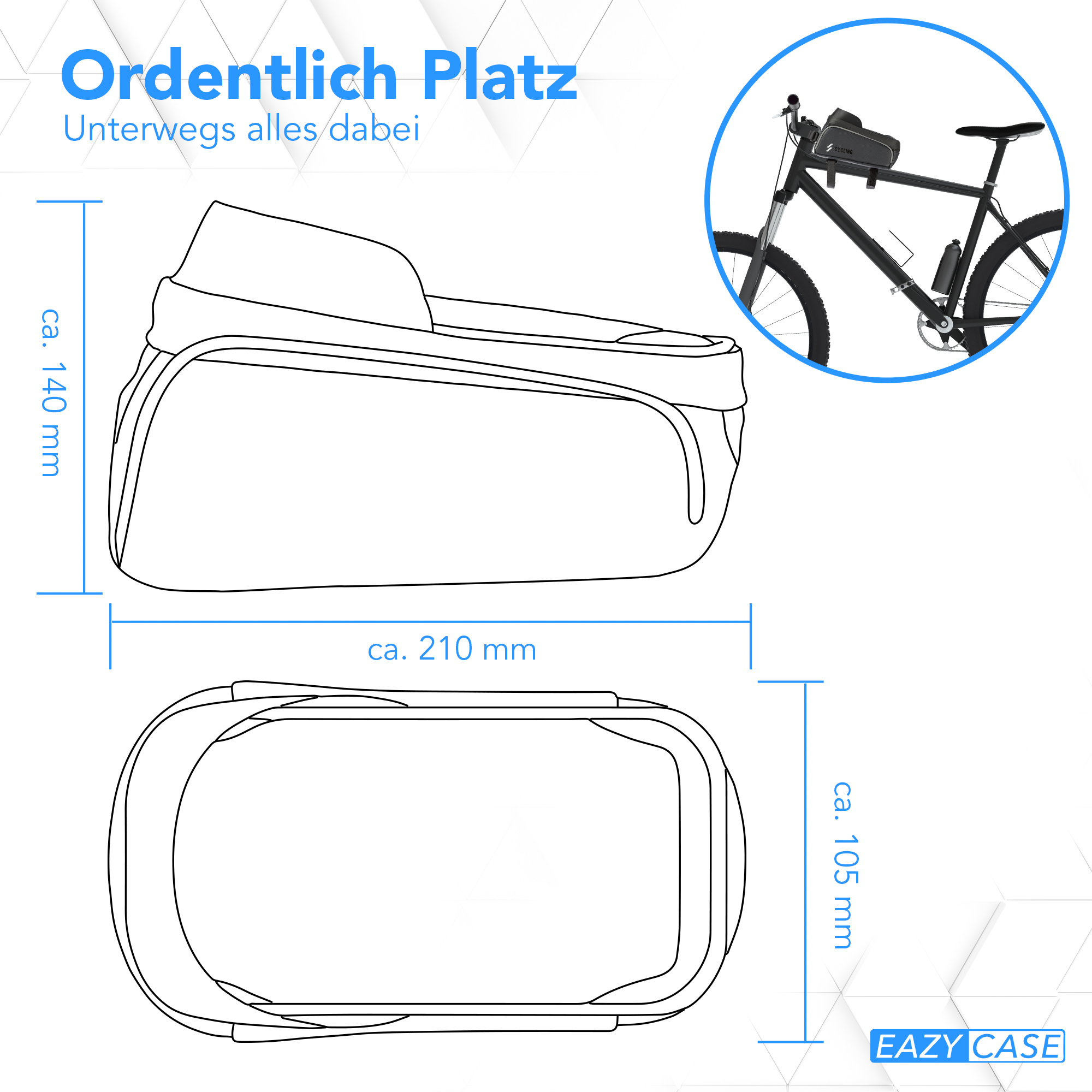 Diagramm einer Fahrradtasche mit Maßen und einem Fahrradbild.