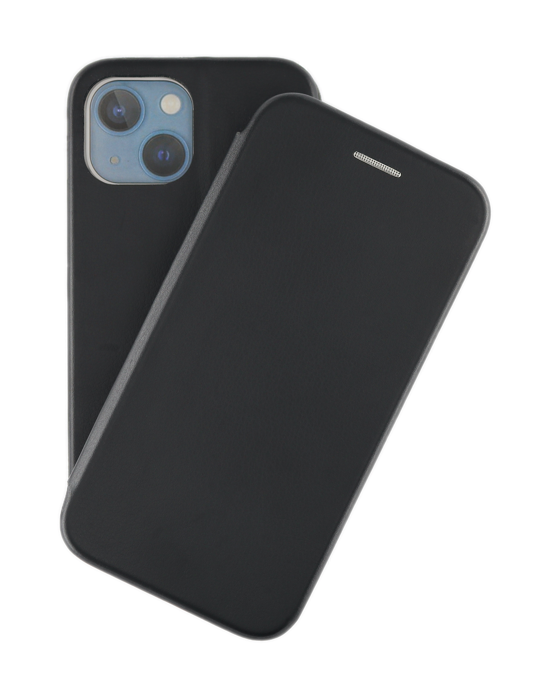 Schwarze Handyhülle, Rückseite und offen, zeigt ein iPhone. Weißer Hintergrund.