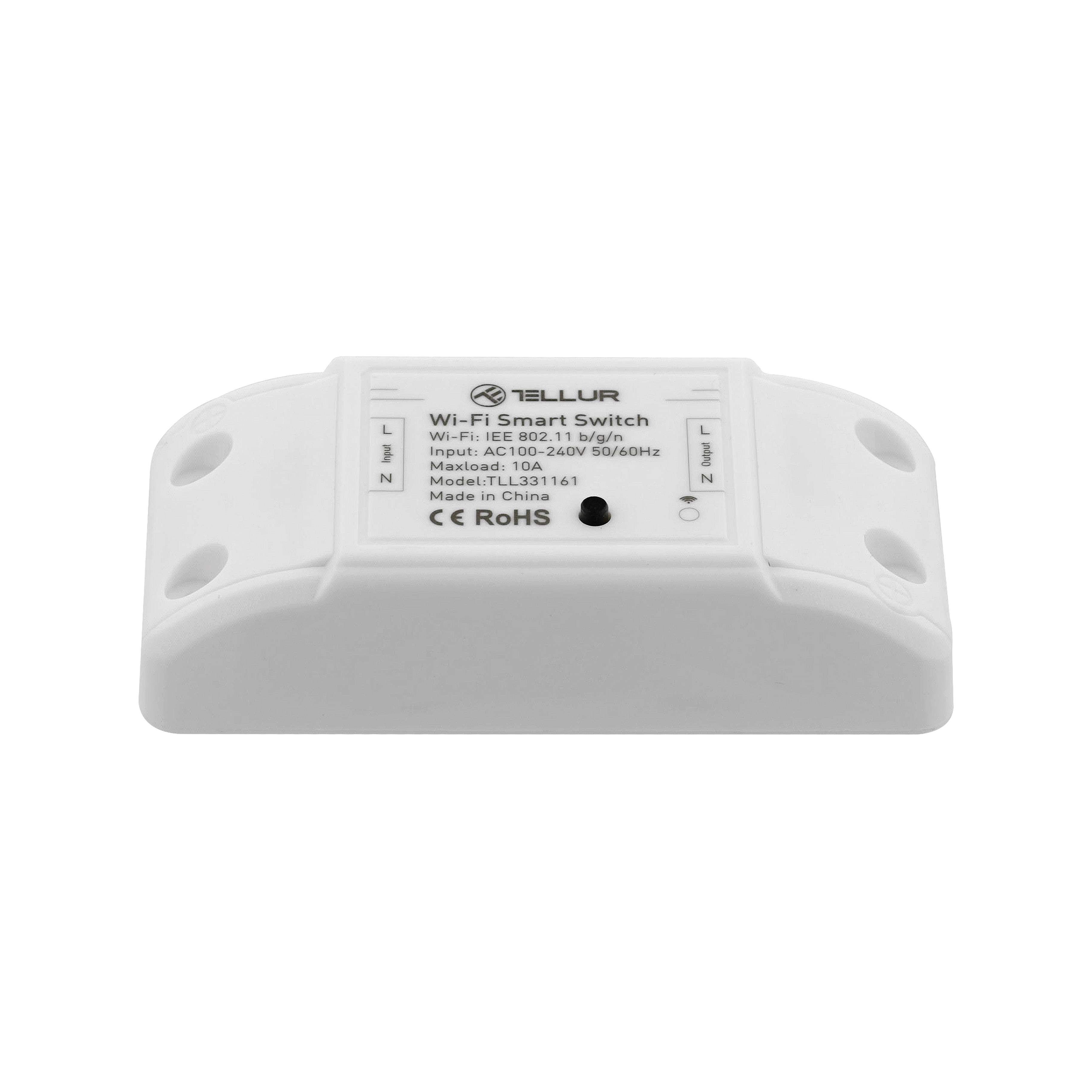 Interruptor inteligente Wi-Fi blanco con etiquetas de texto y un botón, sobre fondo blanco.