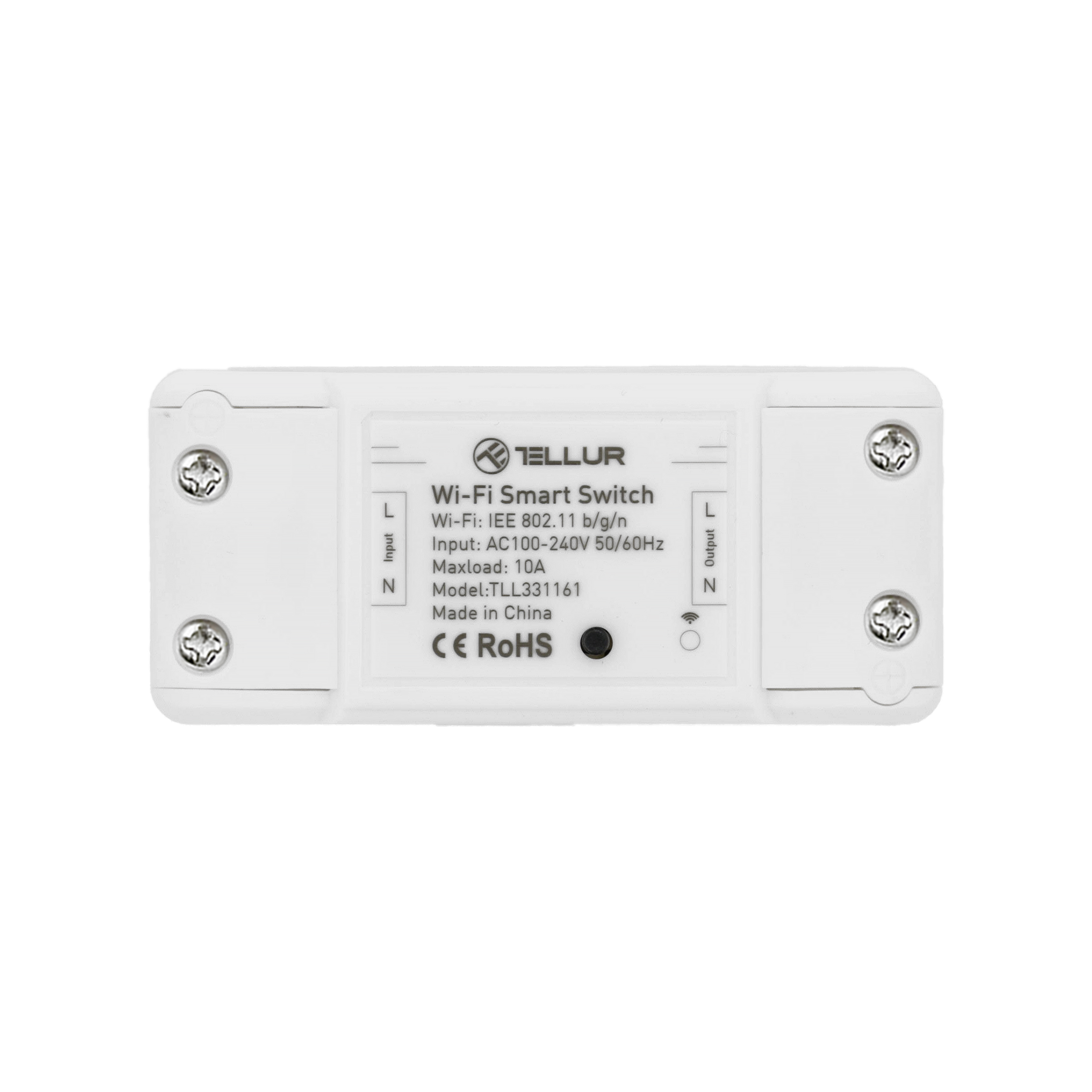 Interruptor inteligente blanco con logo Tellur e info del modelo. Tiene tornillos y etiquetas de entrada/salida.