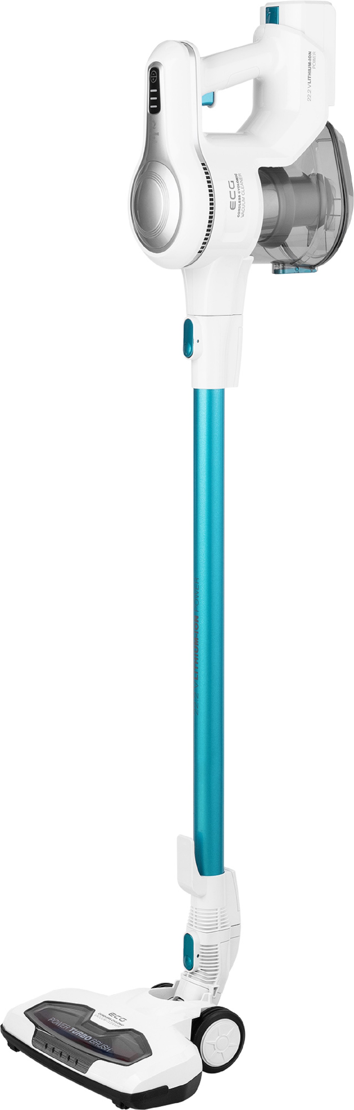 Weiß-blauer Stielstaubsauger. Er steht senkrecht auf weißem Boden und ist sauber.