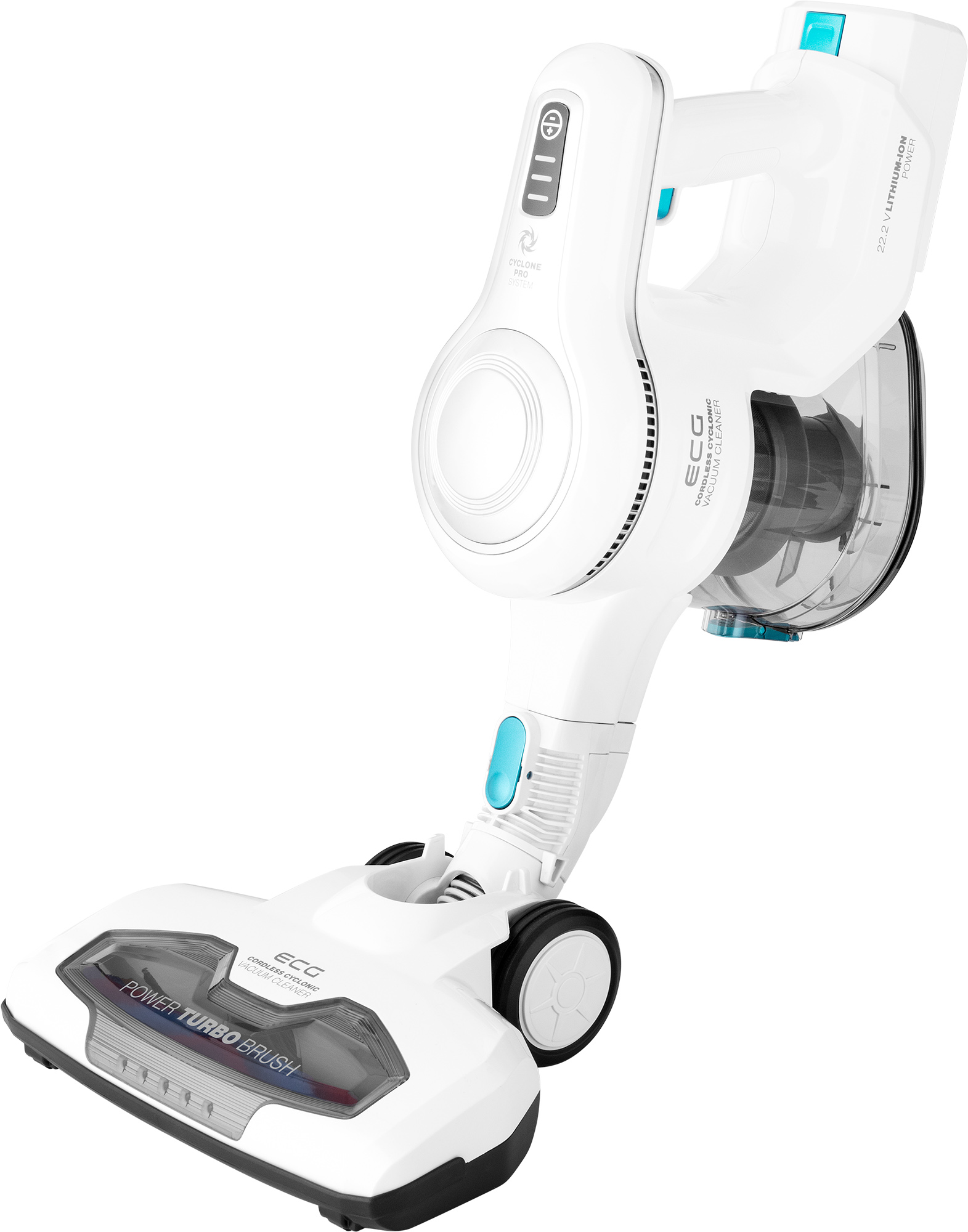 Weißer kabelloser Staubsauger mit Power-Turbobürste und blauen Akzenten. Weißer Hintergrund.