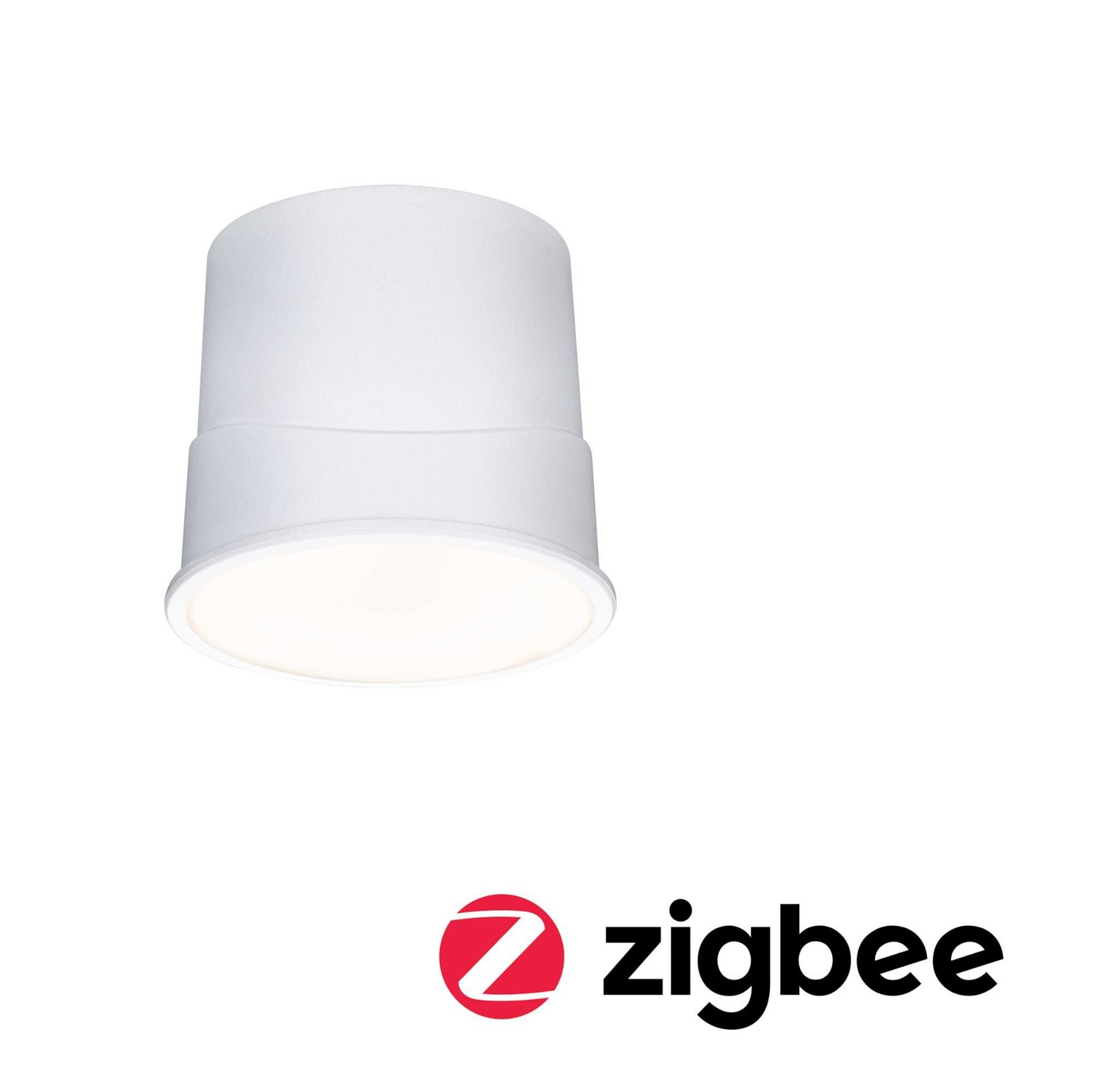 Biała cylindryczna lampa LED z logo zigbee.