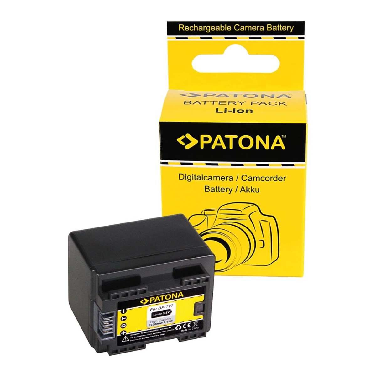Ein schwarzer Kamera-Akkupack und die zugehörige gelb-schwarze Markenbox. Die Marke ist PATONA.