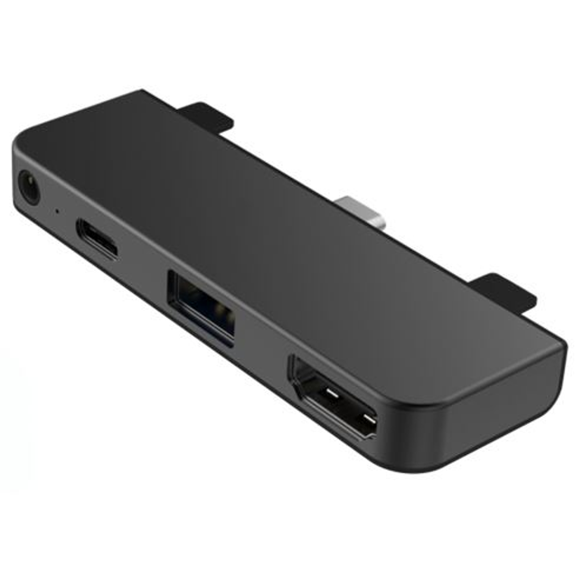 Un concentrador USB negro con varios puertos y un diseño rectangular.