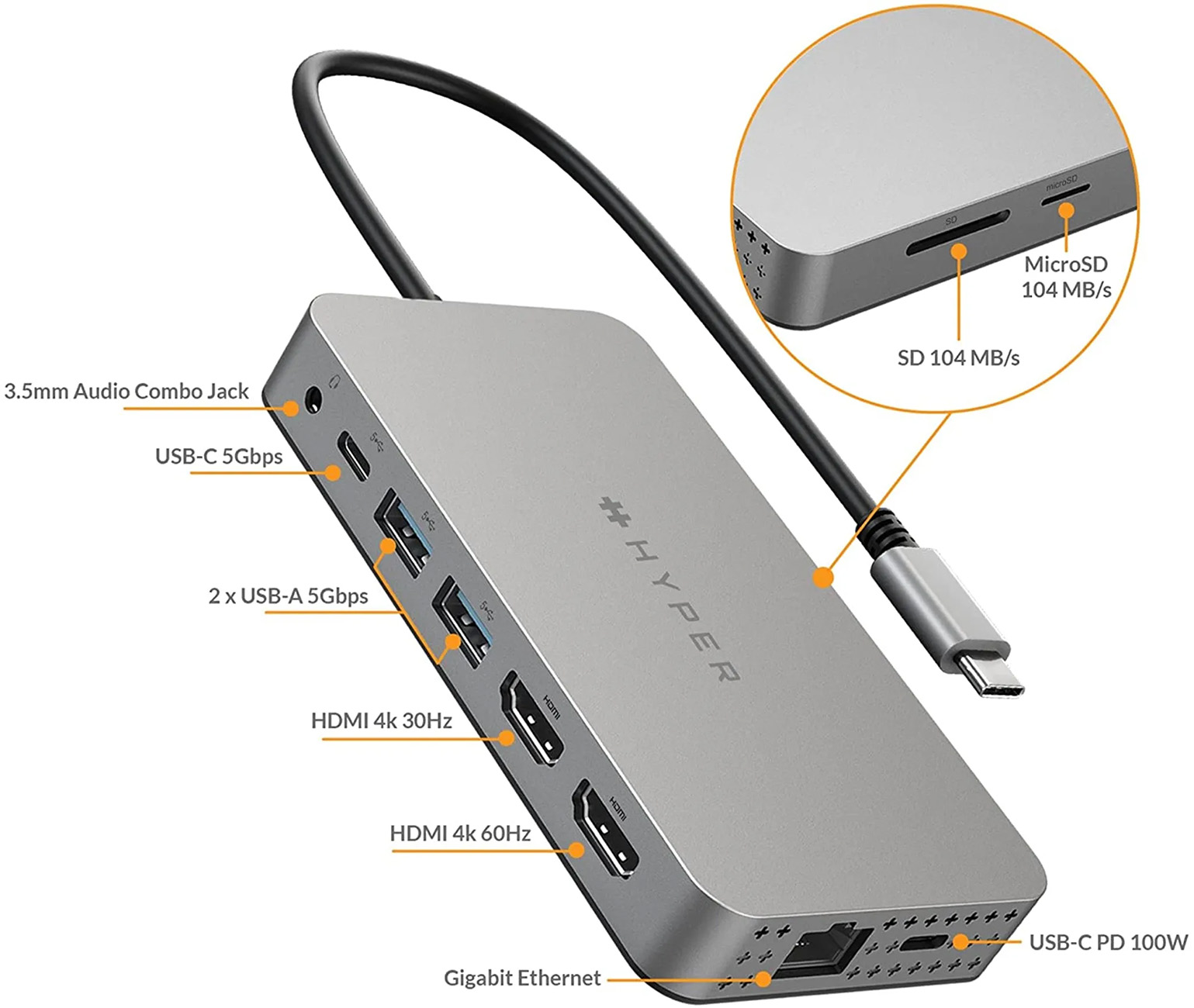 Un concentrador plateado con puertos. Hay varios puertos USB, HDMI y Ethernet.
